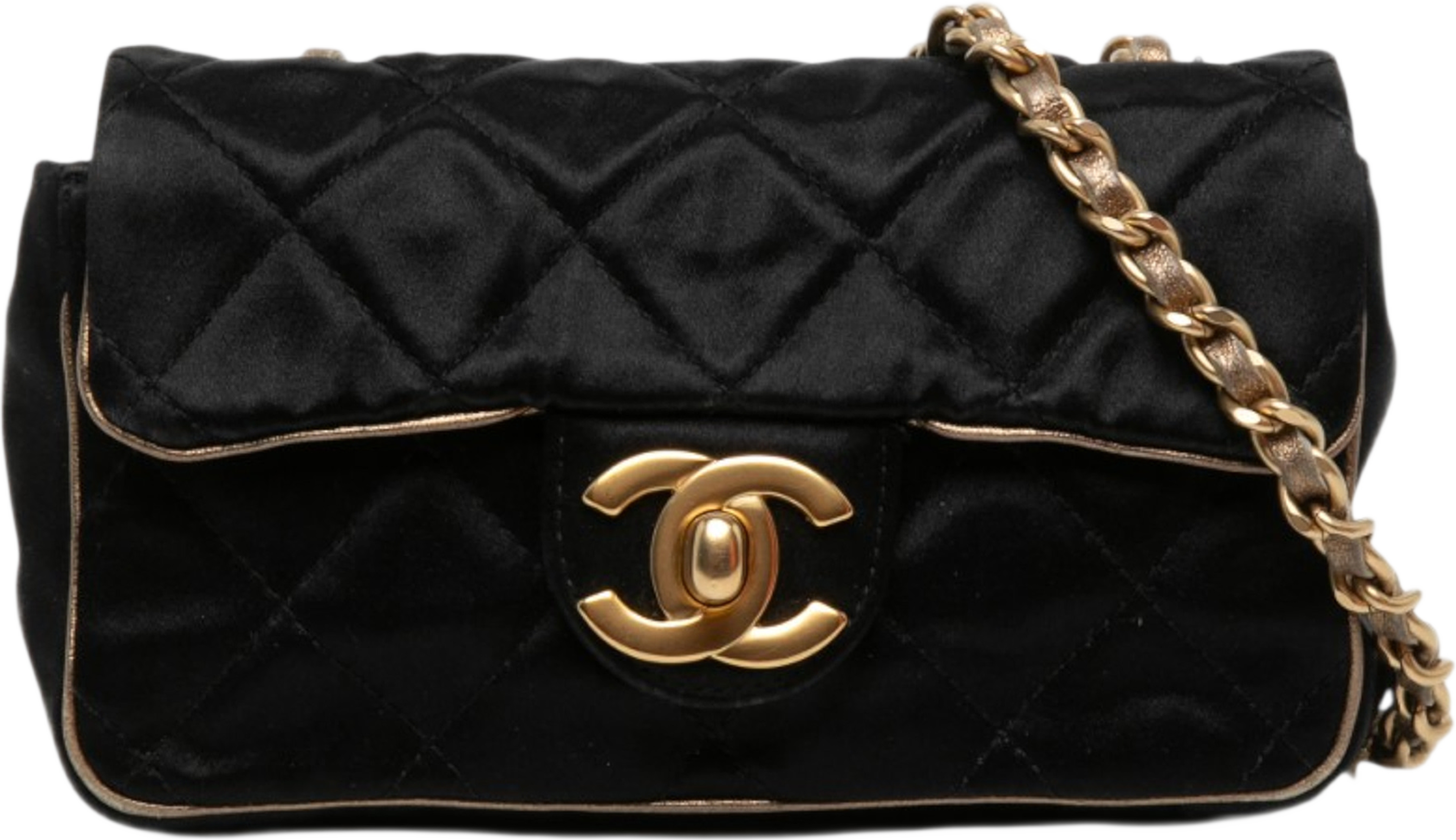 Chanel Extra Mini Quilted Satin Flap, från Luxclusif, i färgen svart. Klicka för att öppna bilden i stort format