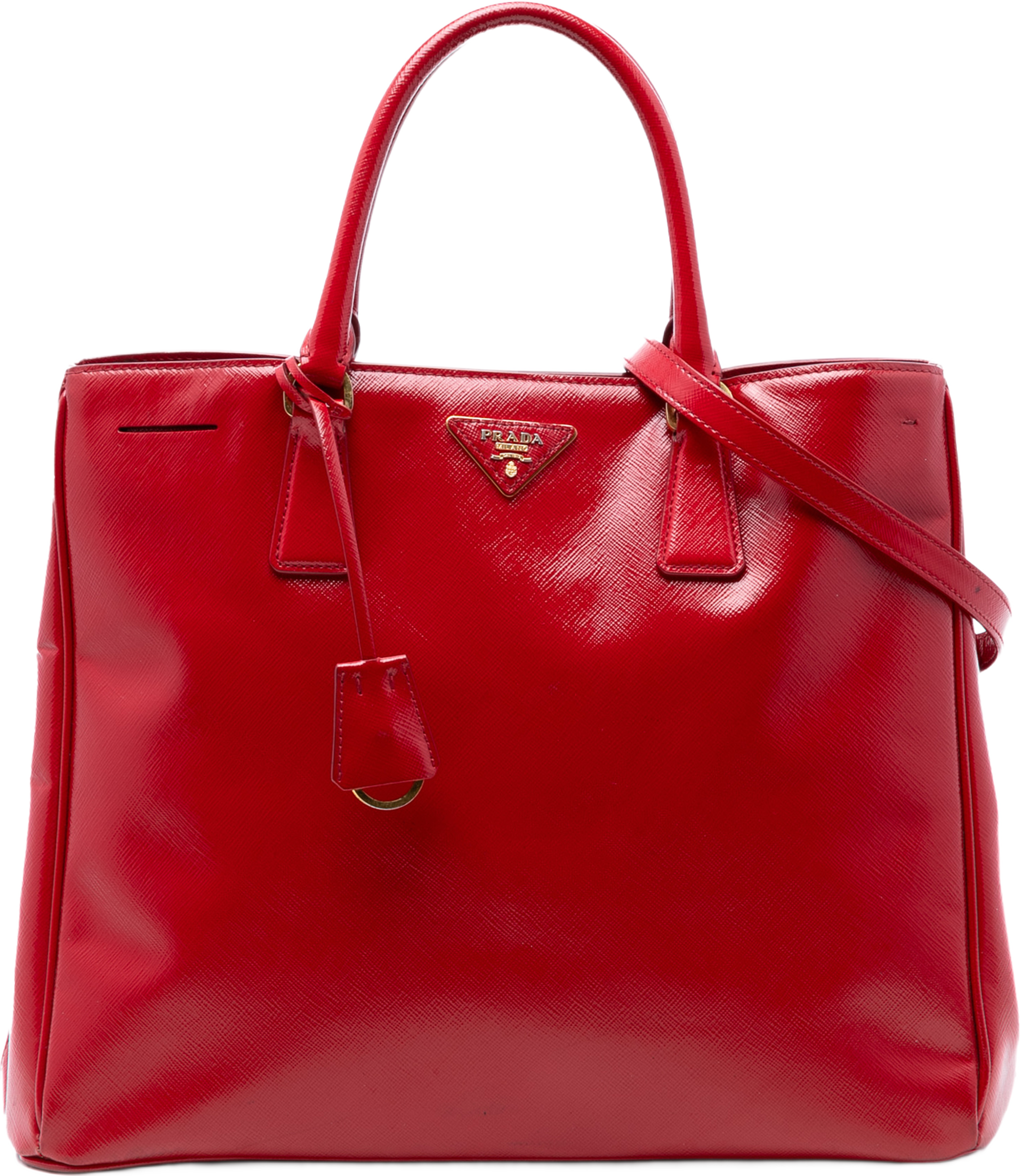 Prada Large Saffiano Vernice Galleria Satchel, från Luxclusif, i färgen röd. Klicka för att öppna bilden i stort format