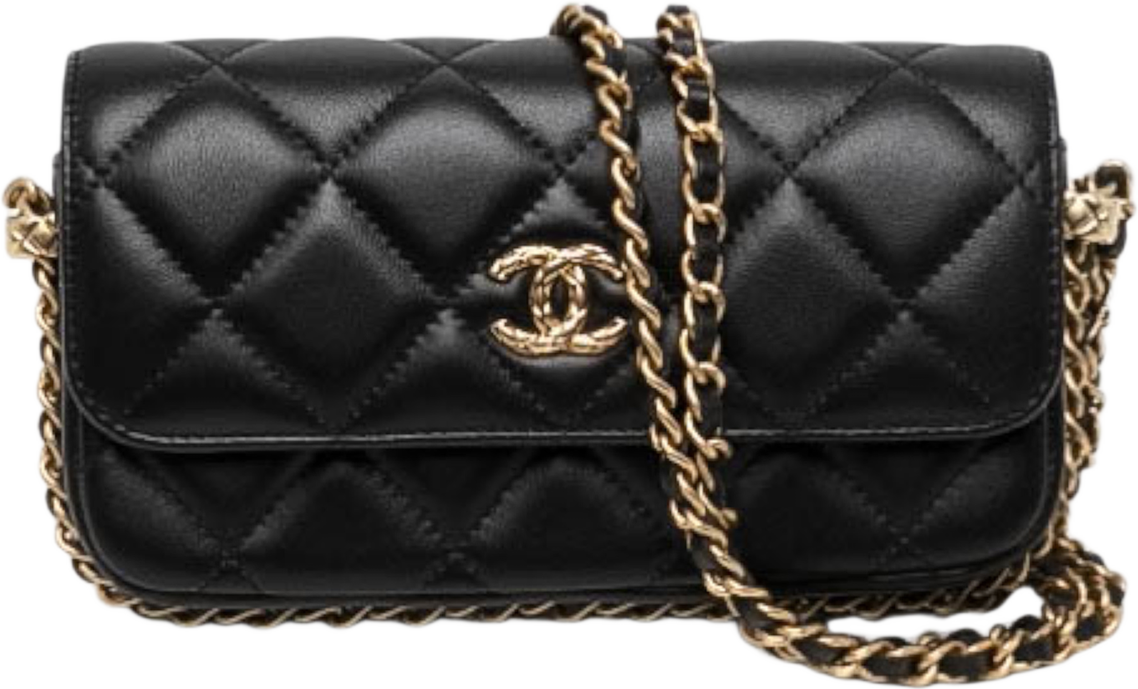 Chanel Cc Quilted Lambskin Flap Phone Holder With Chain, från Luxclusif, i färgen svart. Klicka för att öppna bilden i stort format