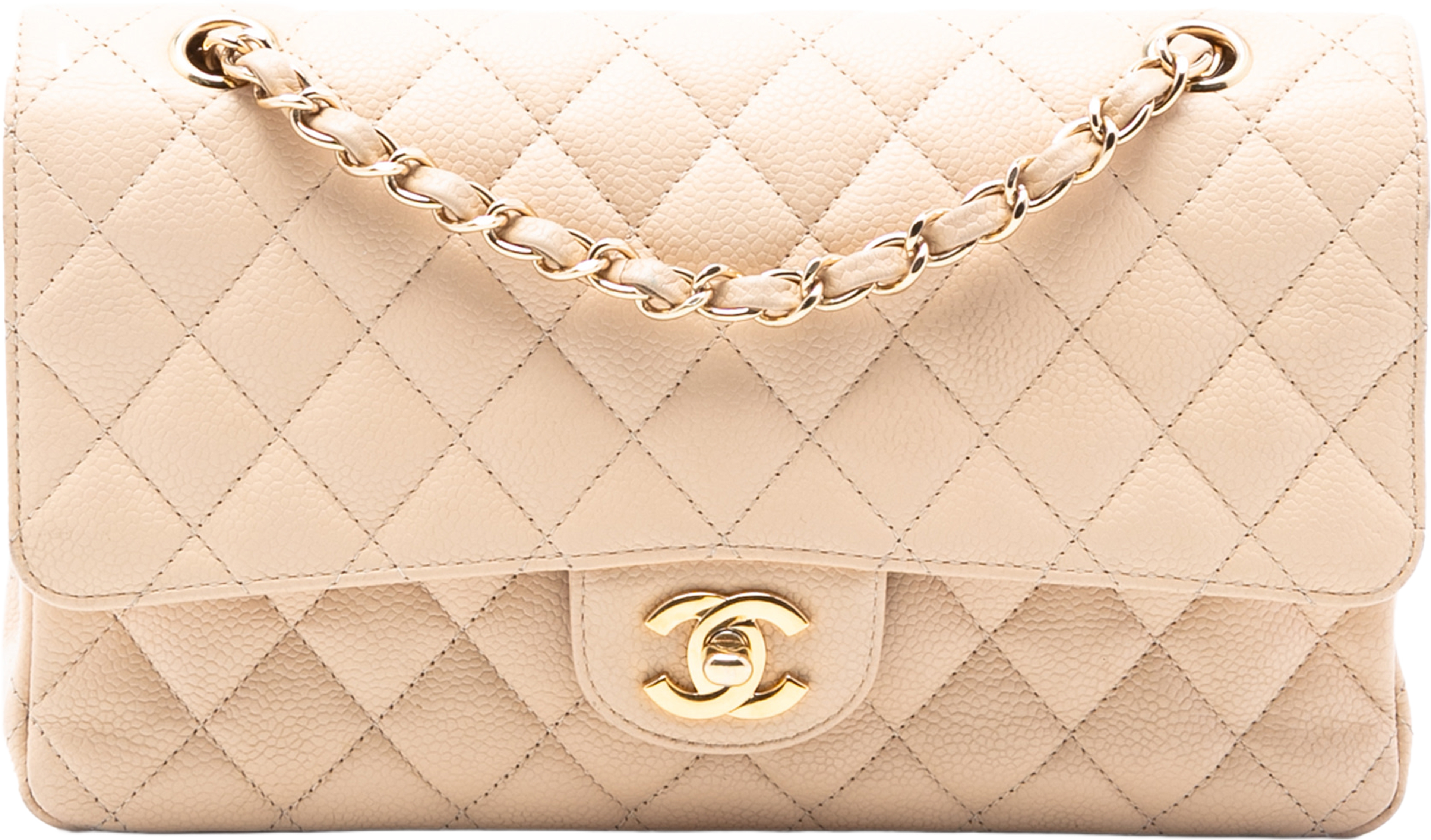Chanel Medium Classic Caviar Double Flap, från Luxclusif, i färgen beige. Klicka för att öppna bilden i stort format
