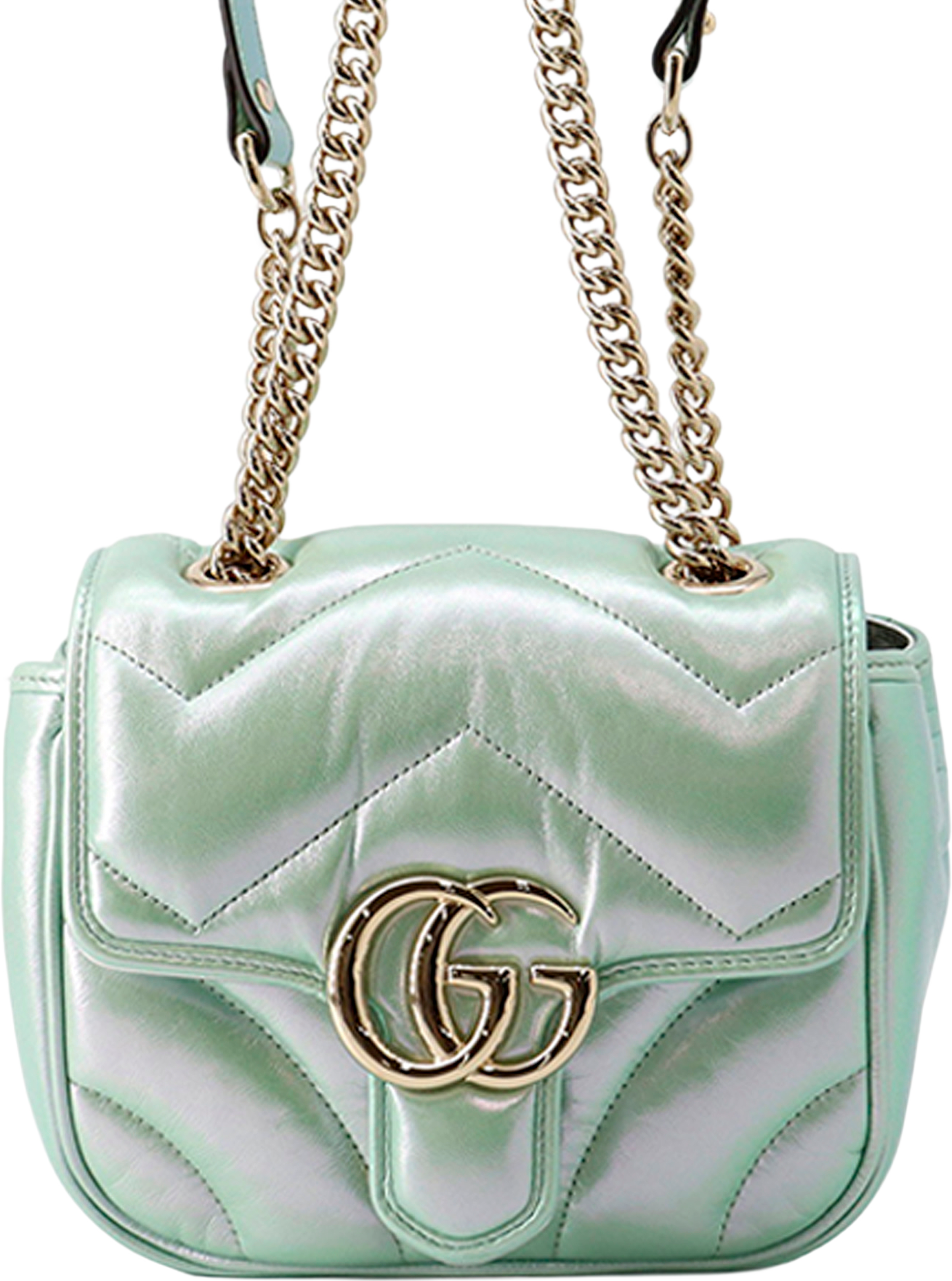 Gucci Mini Gg Marmont Matelasse Iridescent Calfskin Flap Crossbody, från Luxclusif, i färgen light green. Klicka för att öppna bilden i stort format