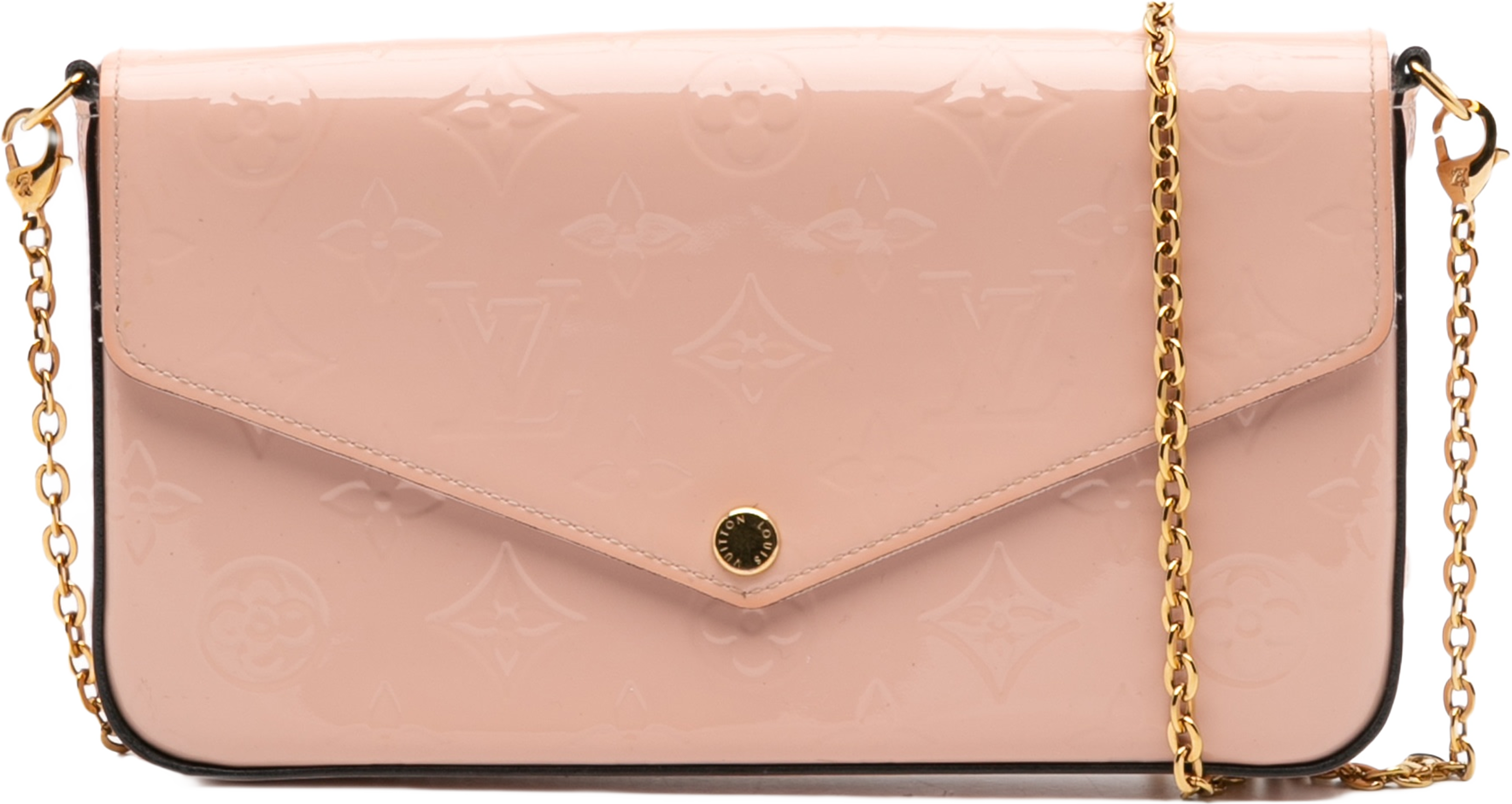 Louis Vuitton Monogram Vernis Pochette Felicie, från Luxclusif, i färgen light pink. Klicka för att öppna bilden i stort format