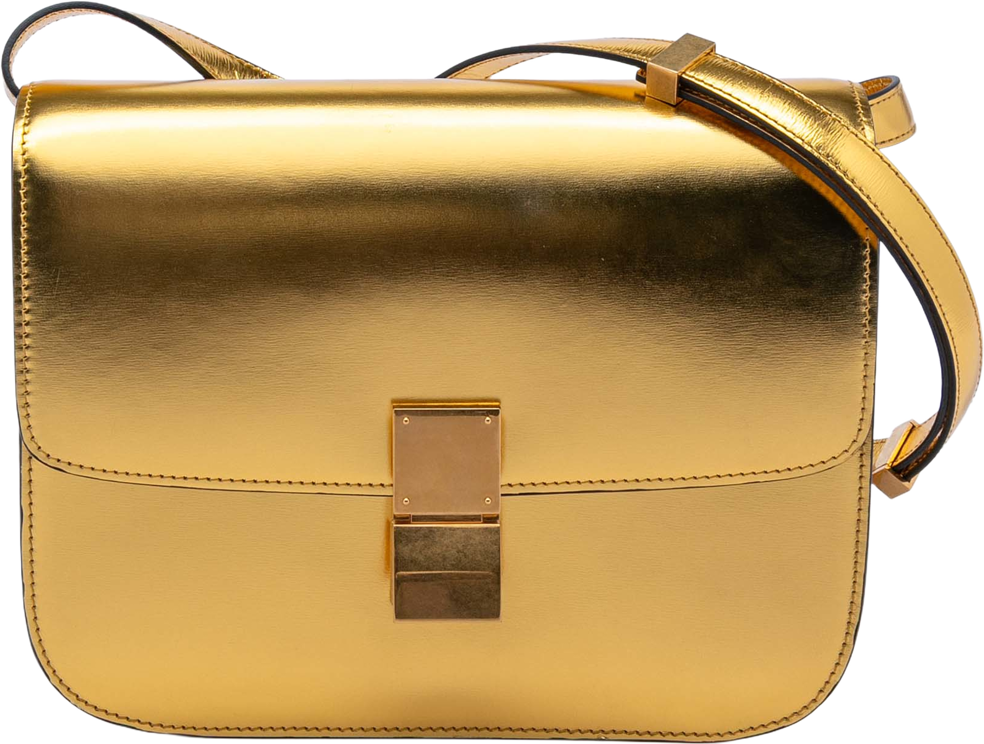 Celine Medium Calfskin Classic Box, från Luxclusif, i färgen gold. Klicka för att öppna bilden i stort format