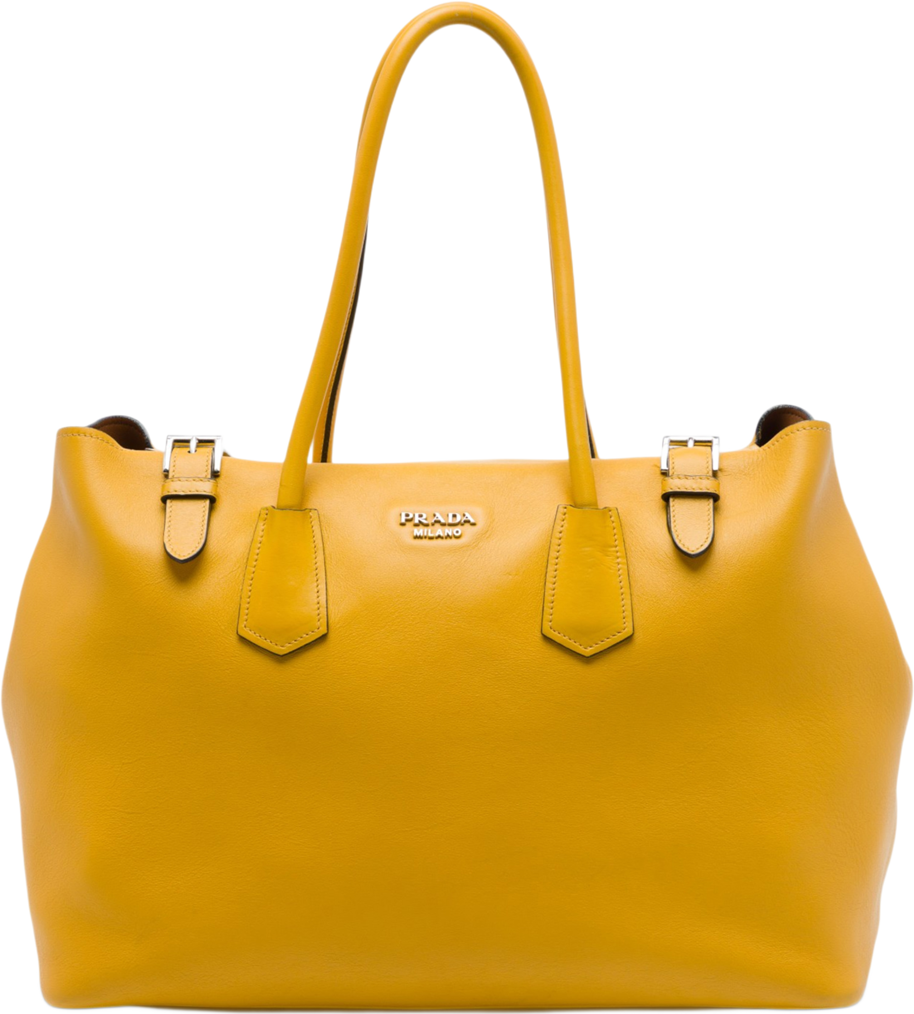 Prada City Calf Leather Buckle Tote, från Luxclusif, i färgen gul. Klicka för att öppna bilden i stort format