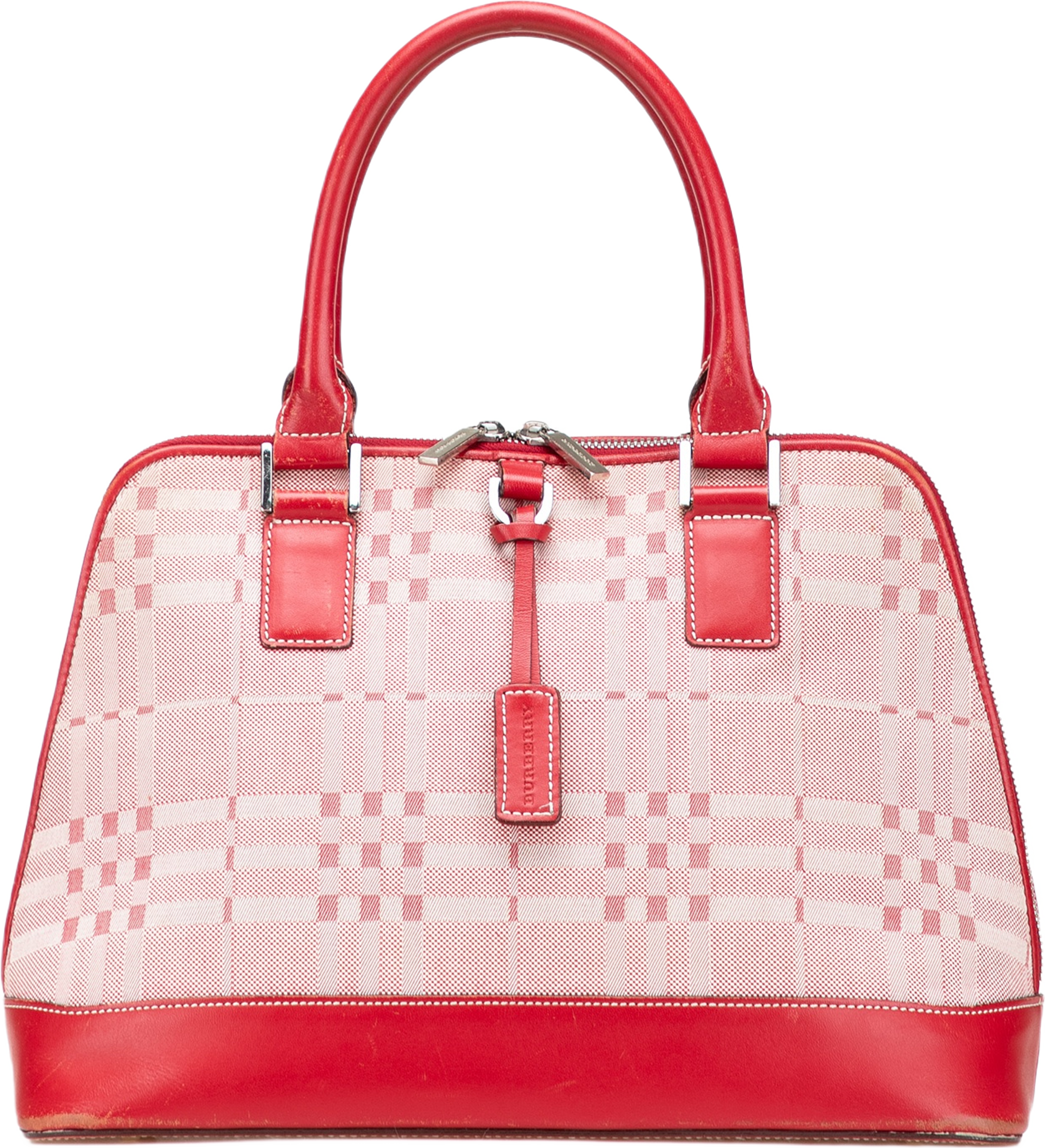 Burberry Leather Trimmed Tonal Check Canvas Dome Handbag, från Luxclusif, i färgen red. Klicka för att öppna bilden i stort format