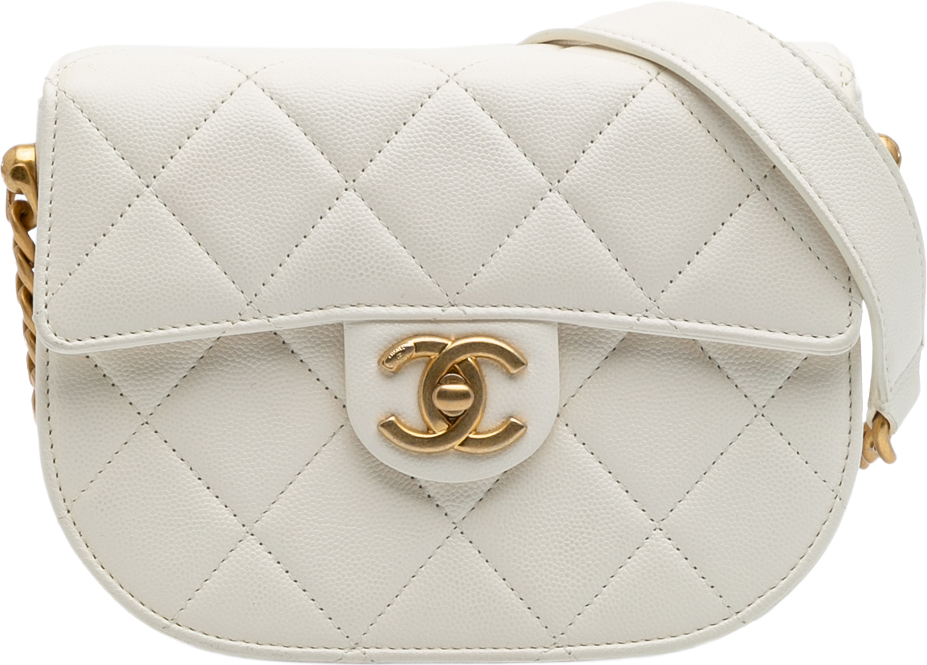 Chanel Cc Quilted Lambskin Round Moon Messenger Flap, från Luxclusif, i färgen vit. Klicka för att öppna bilden i stort format
