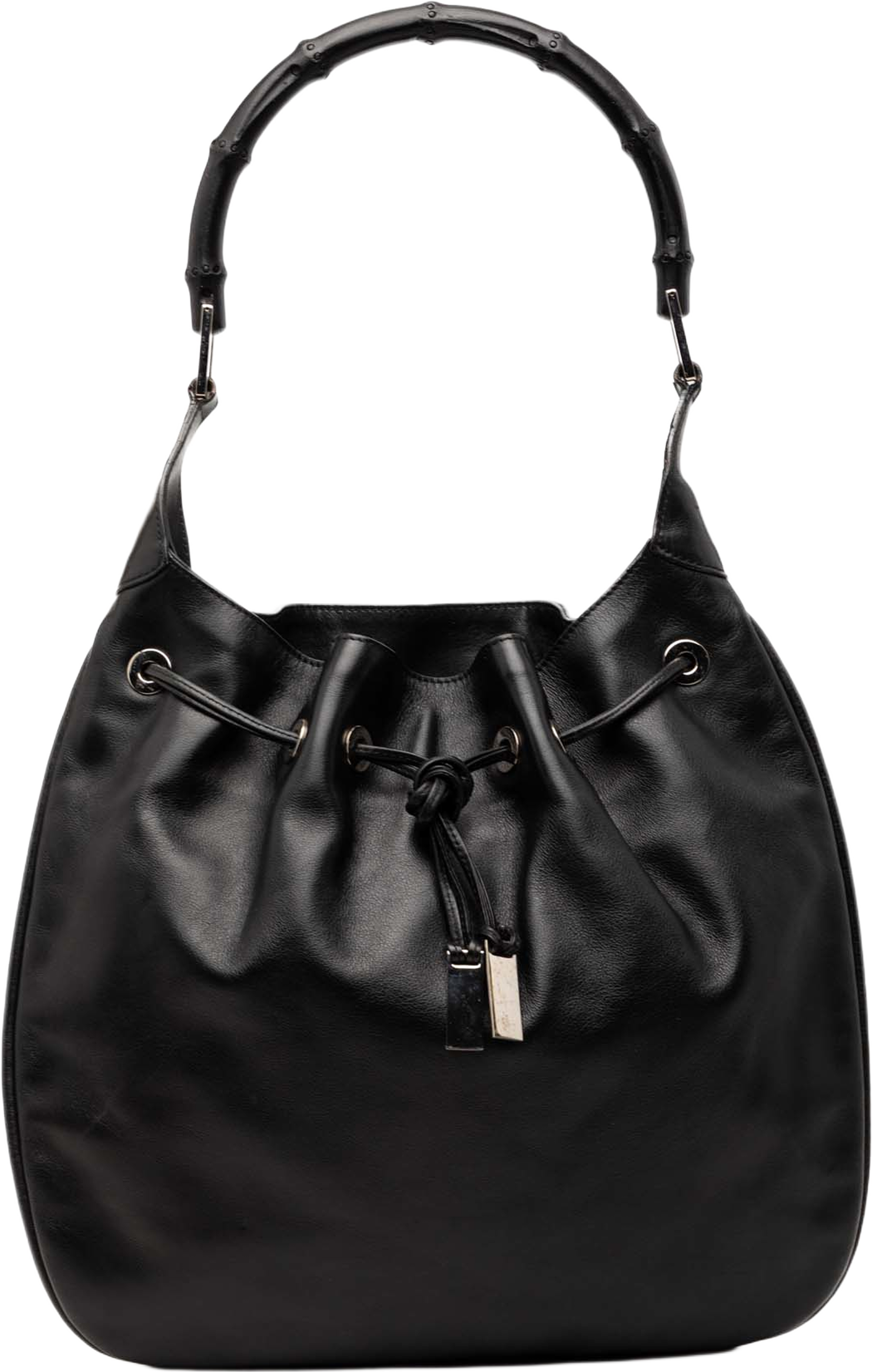 Gucci Calfskin Bamboo Drawstring Hobo Bag, från Luxclusif, i färgen black. Klicka för att öppna bilden i stort format