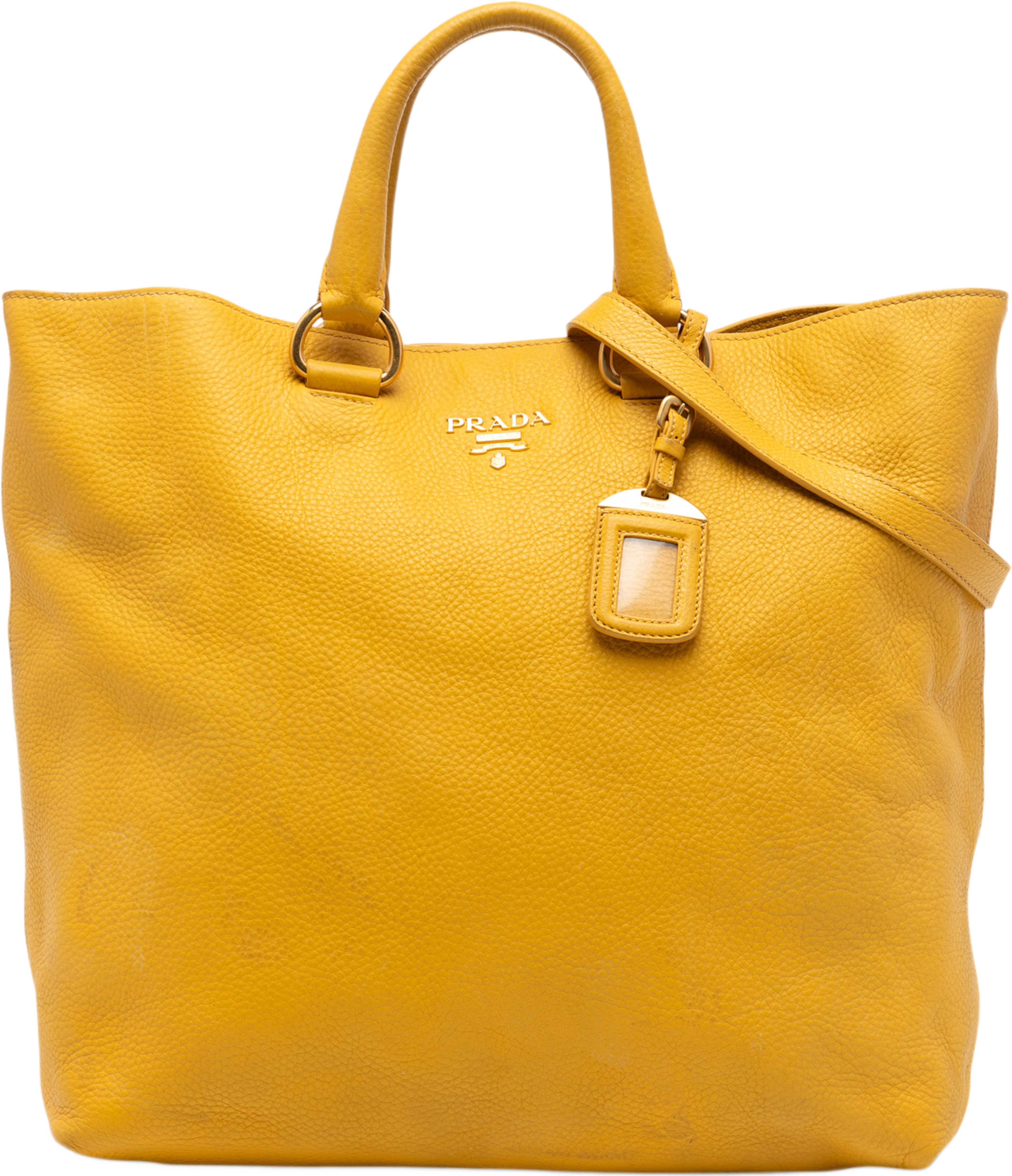 Prada Vitello Daino Open Convertible Tote, från Luxclusif, i färgen mustard. Klicka för att öppna bilden i stort format