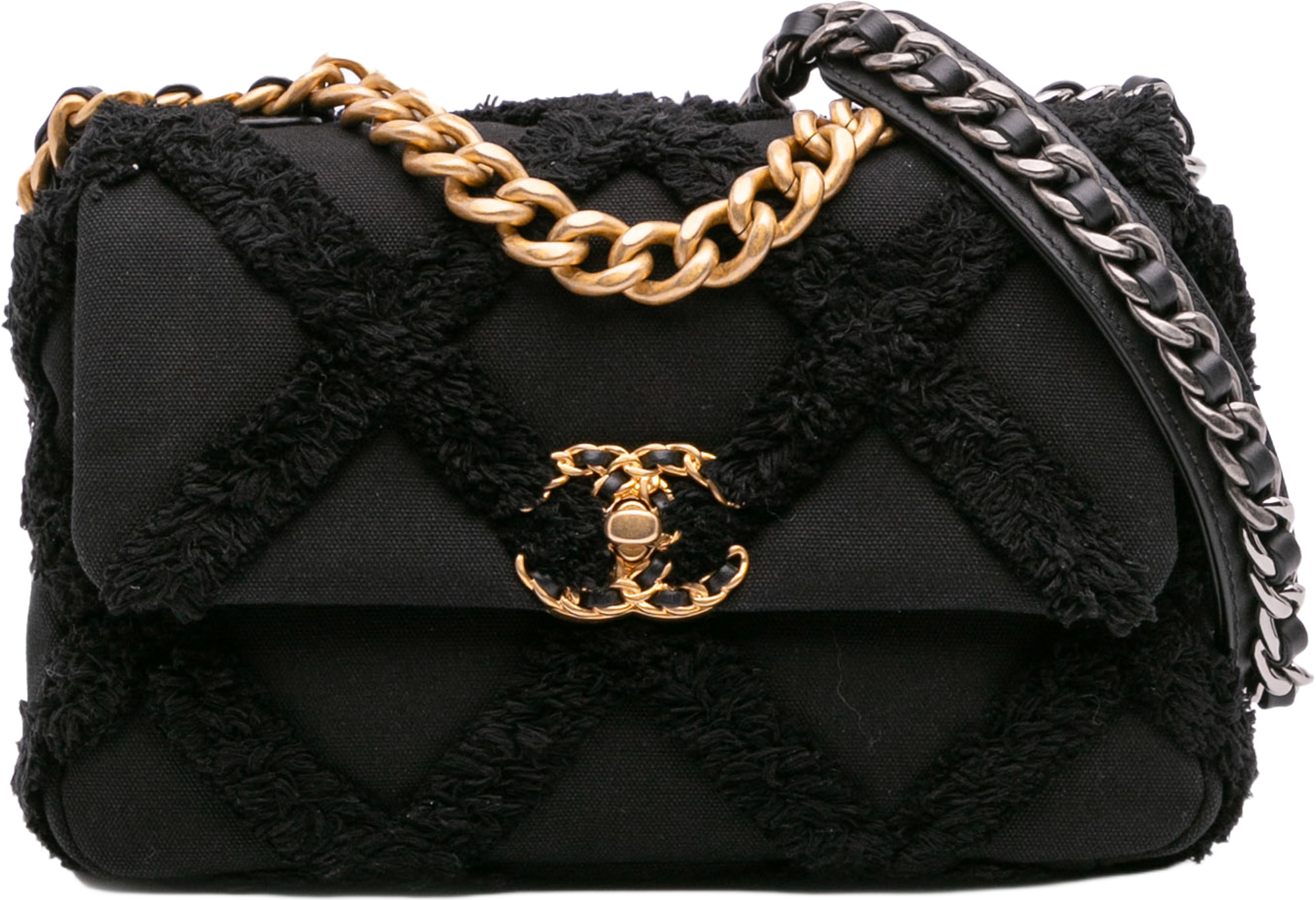 Chanel Medium Canvas And Cotton 19 Flap, från Luxclusif, i färgen black. Klicka för att öppna bilden i stort format