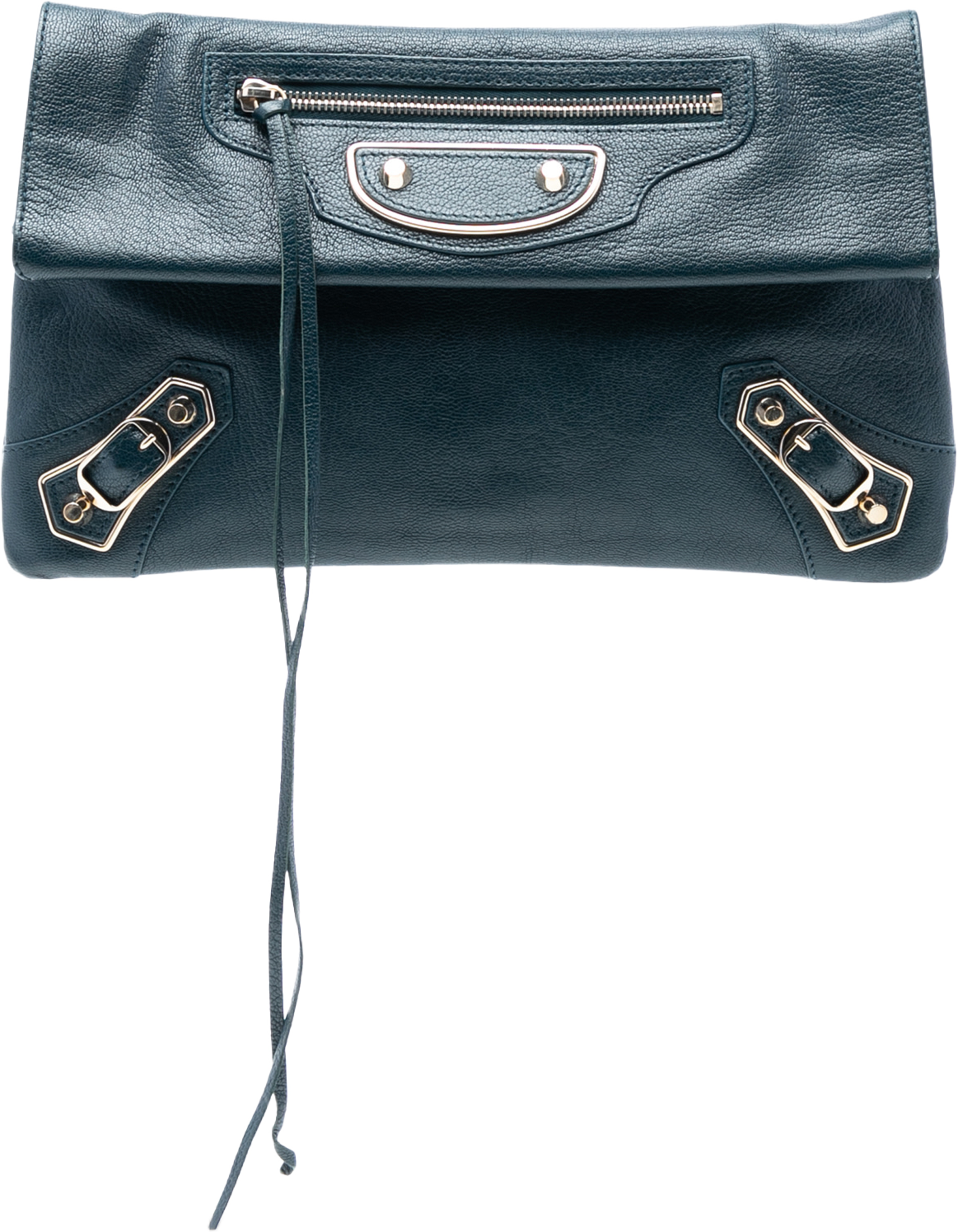 Balenciaga Chevre Motocross Classic Metallic Edge Envelope Clutch, från Luxclusif, i färgen peacock. Klicka för att öppna bilden i stort format