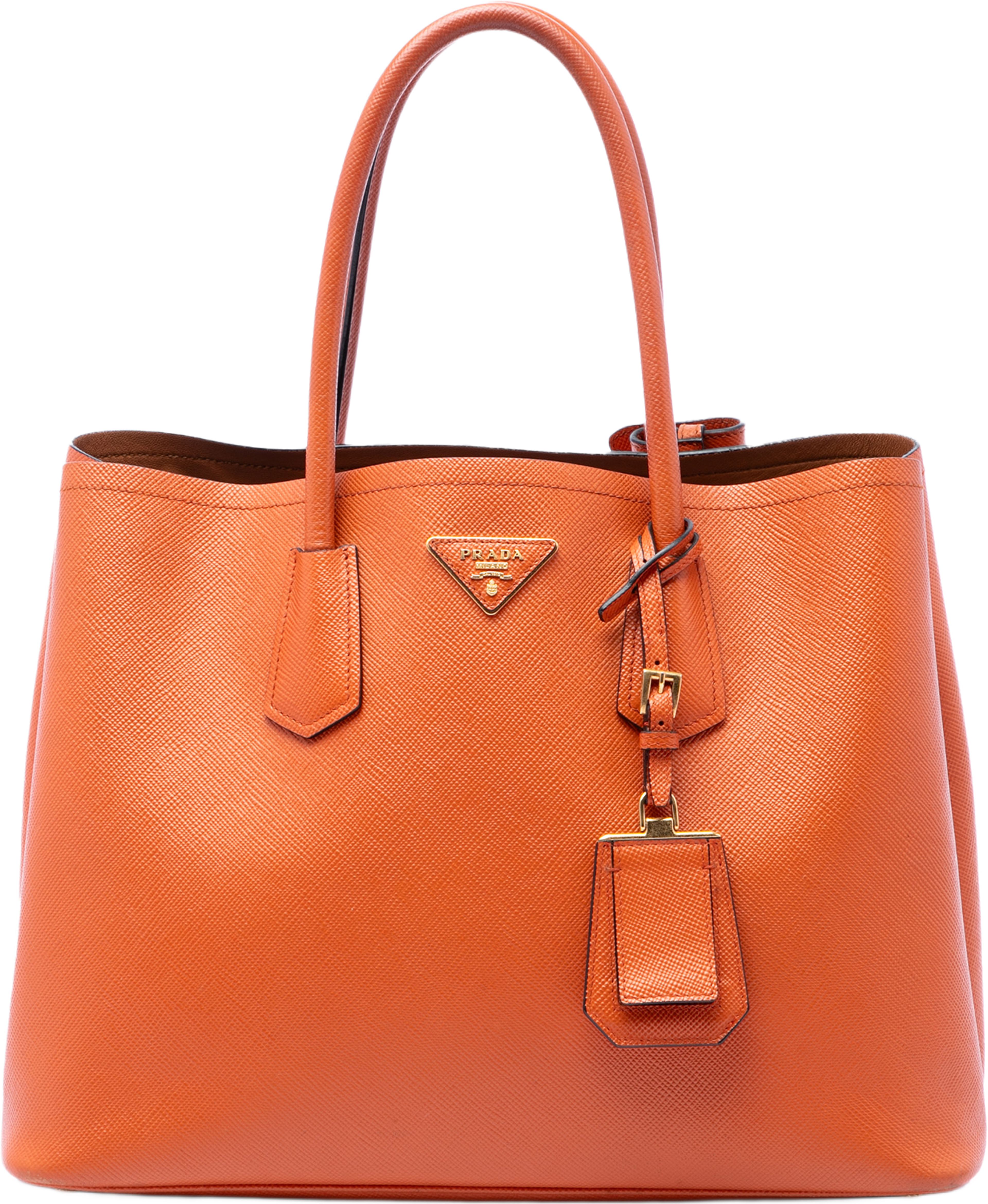Prada Medium Saffiano Cuir Double Handle Satchel, från Luxclusif, i färgen orange. Klicka för att öppna bilden i stort format