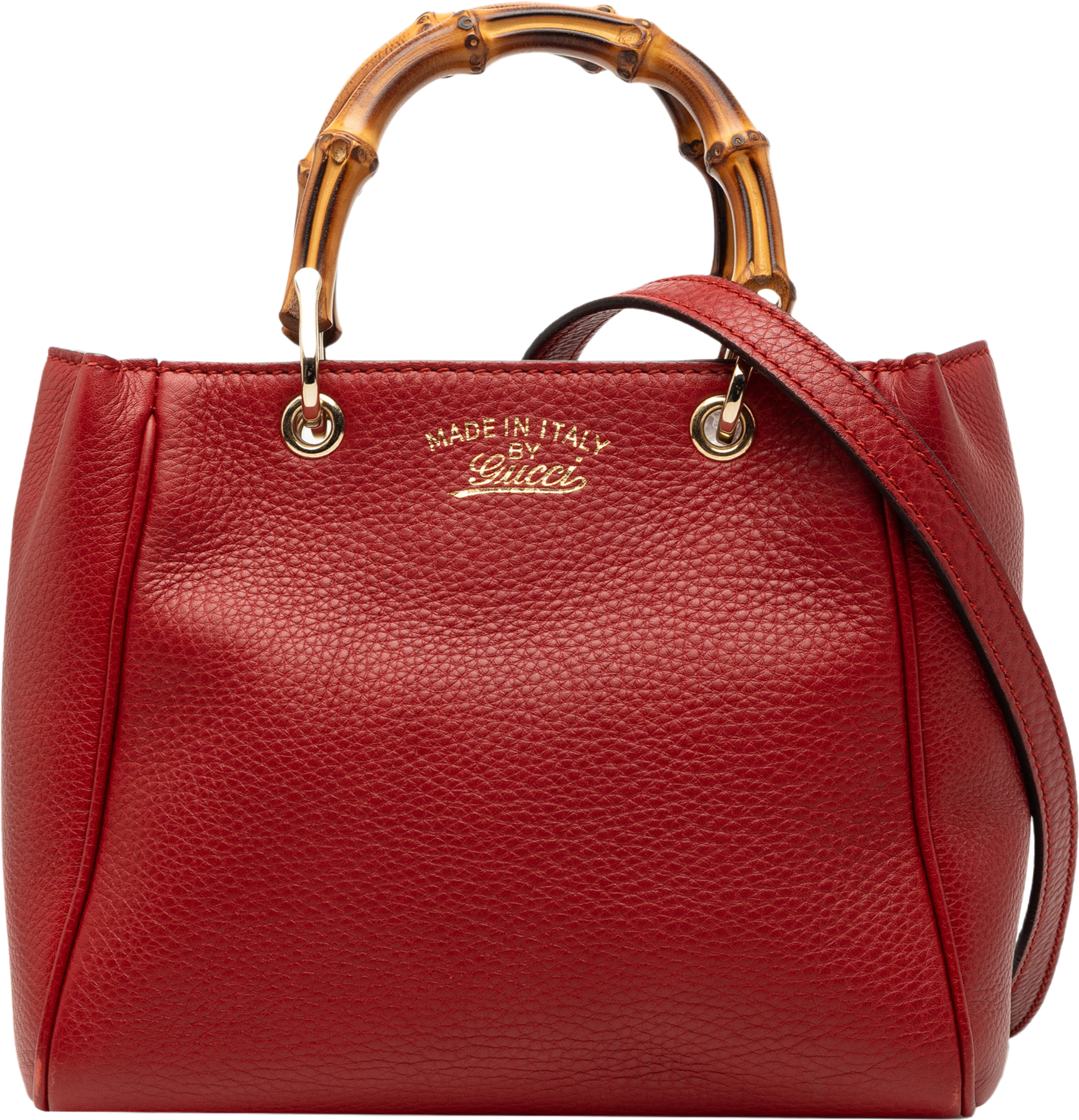 Gucci Mini Calfskin Bamboo Shopper Satchel, från Luxclusif, i färgen red. Klicka för att öppna bilden i stort format