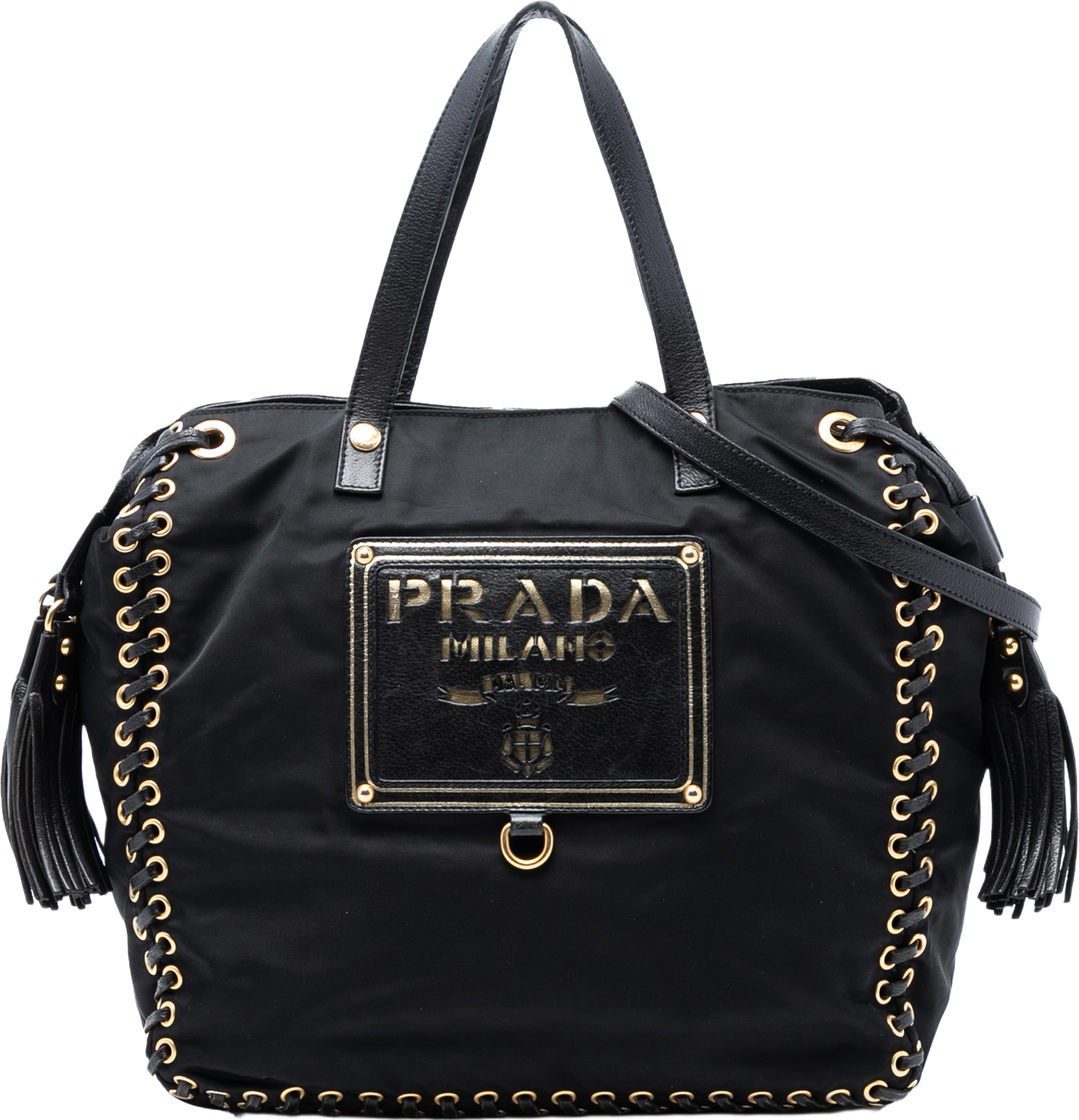 Prada Tessuto Whipstitched Logo Oro Tassel Satchel, från Luxclusif, i färgen black. Klicka för att öppna bilden i stort format