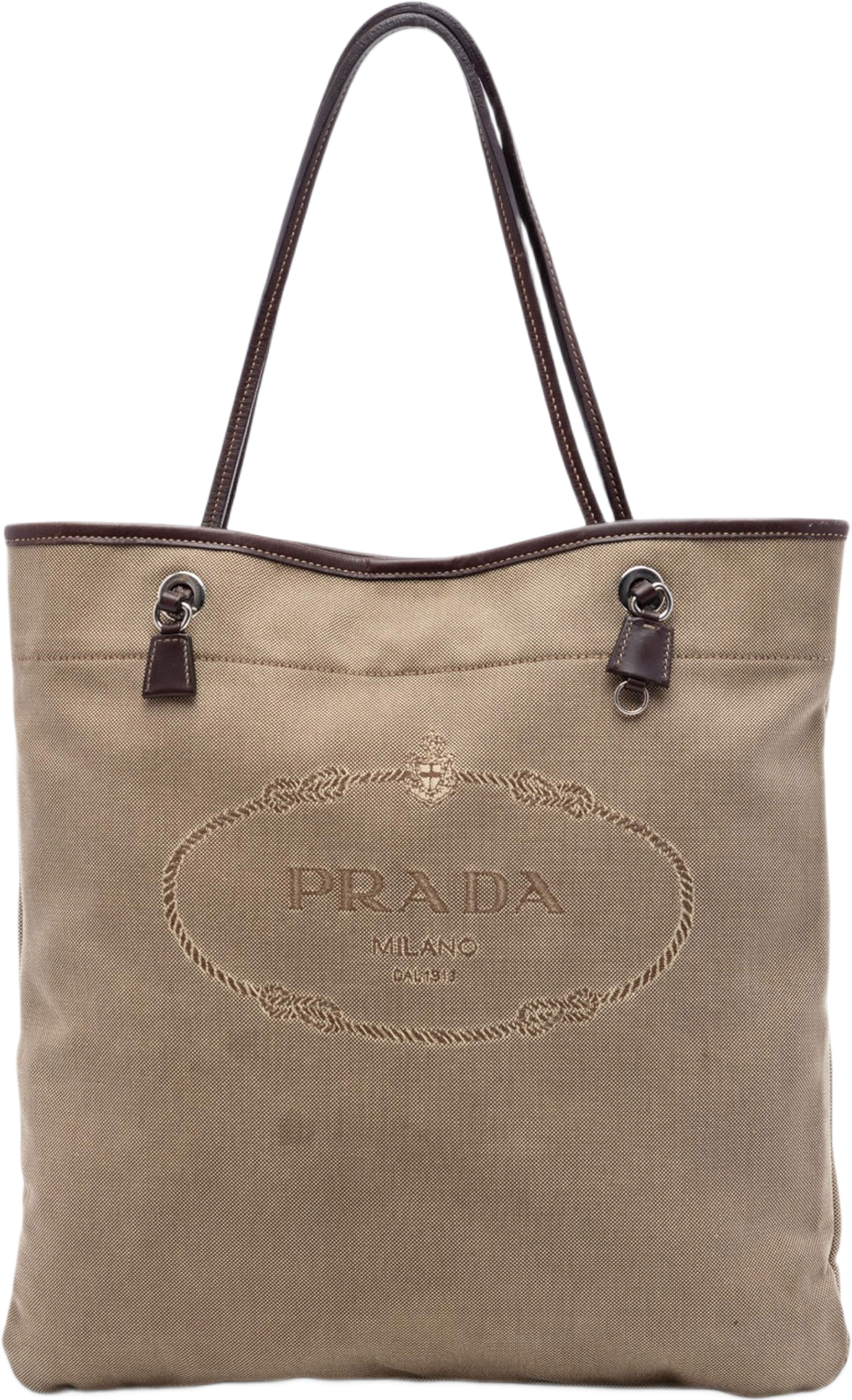 Prada Canvas Canapa Logo Tote, från Luxclusif, i färgen light brown. Klicka för att öppna bilden i stort format