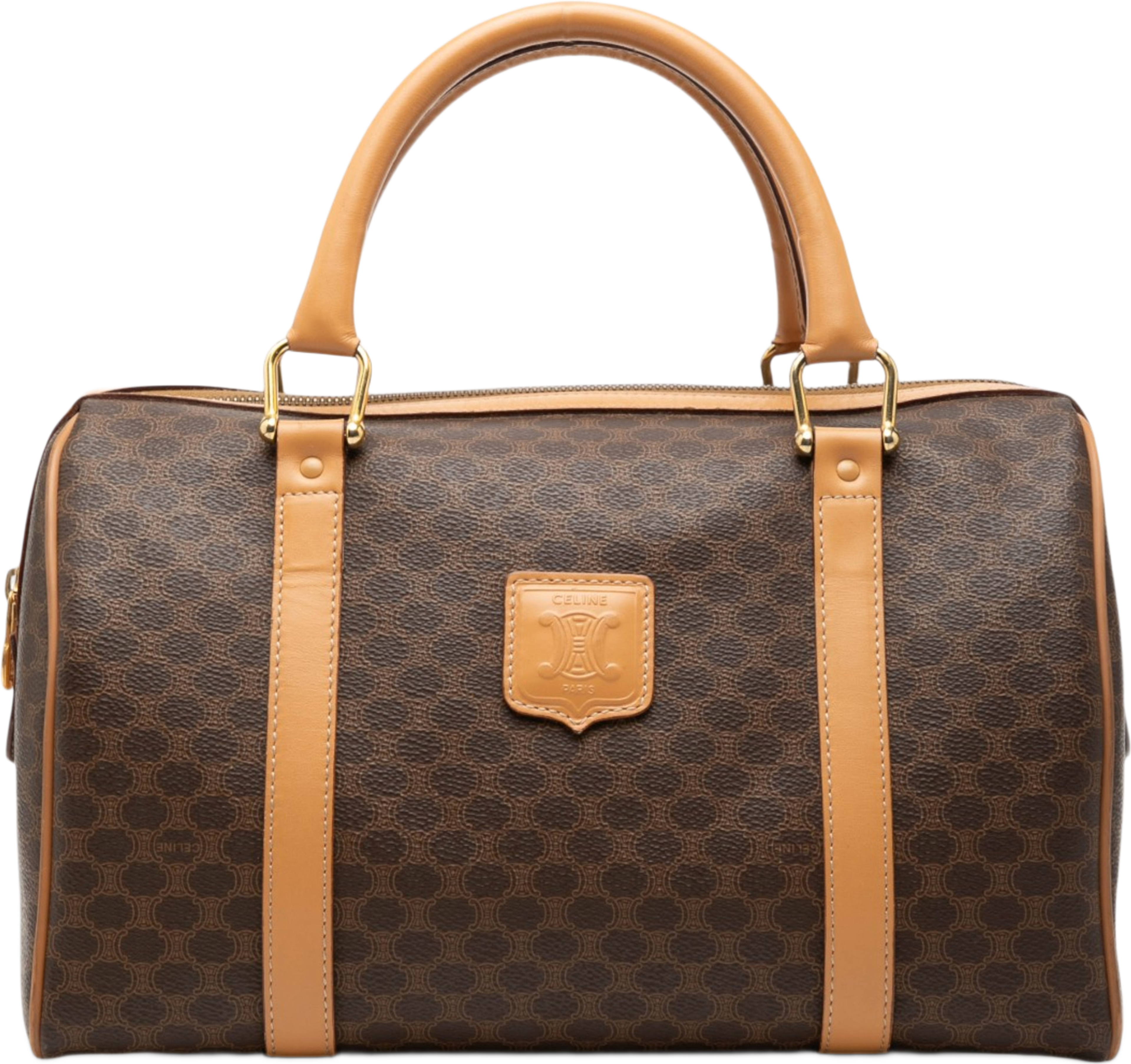 Celine Macadam Coated Canvas Boston Bag, från Luxclusif, i färgen brun. Klicka för att öppna bilden i stort format