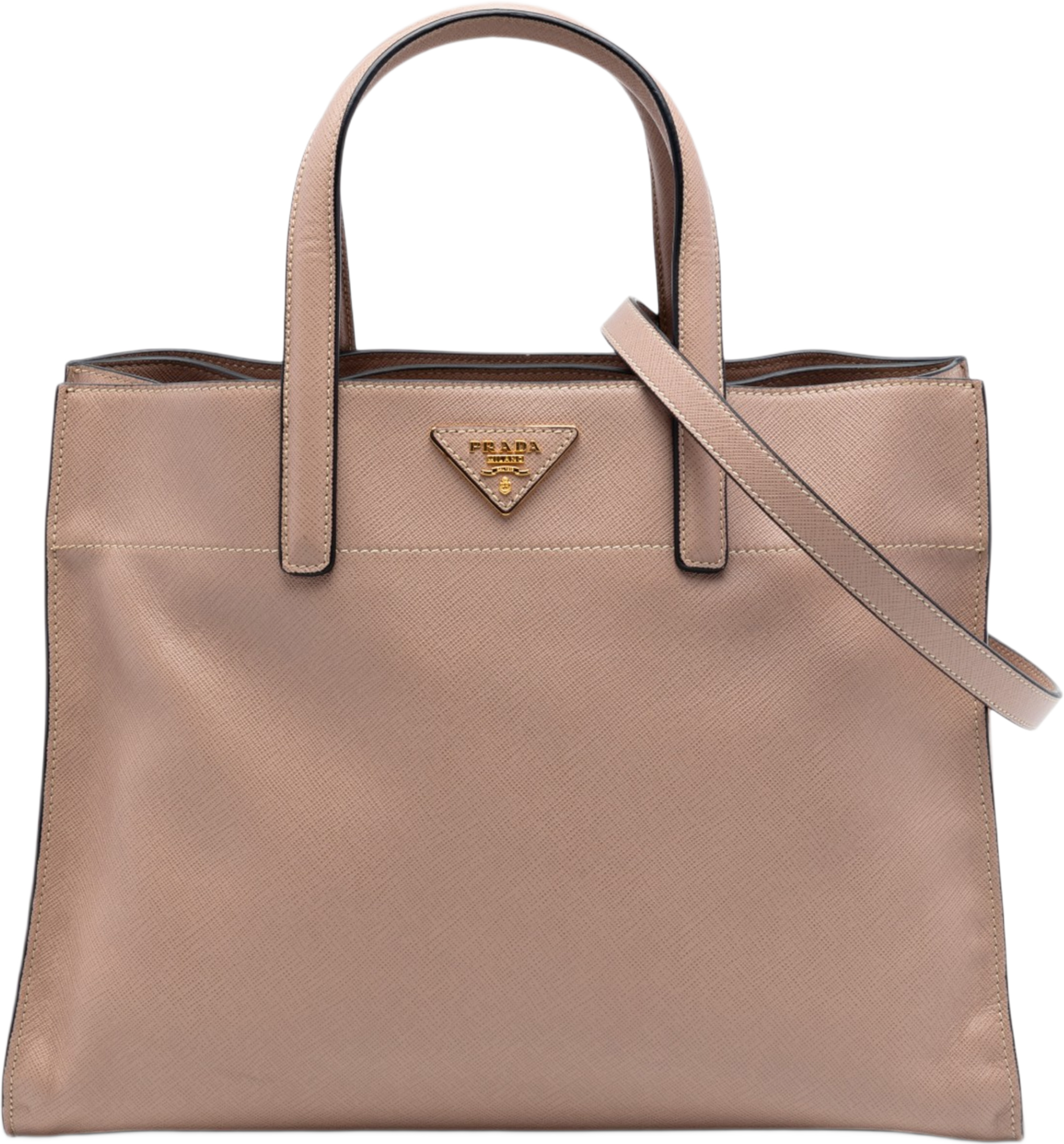 Prada Saffiano Soft Triple Pocket Tote, från Luxclusif, i färgen brun. Klicka för att öppna bilden i stort format