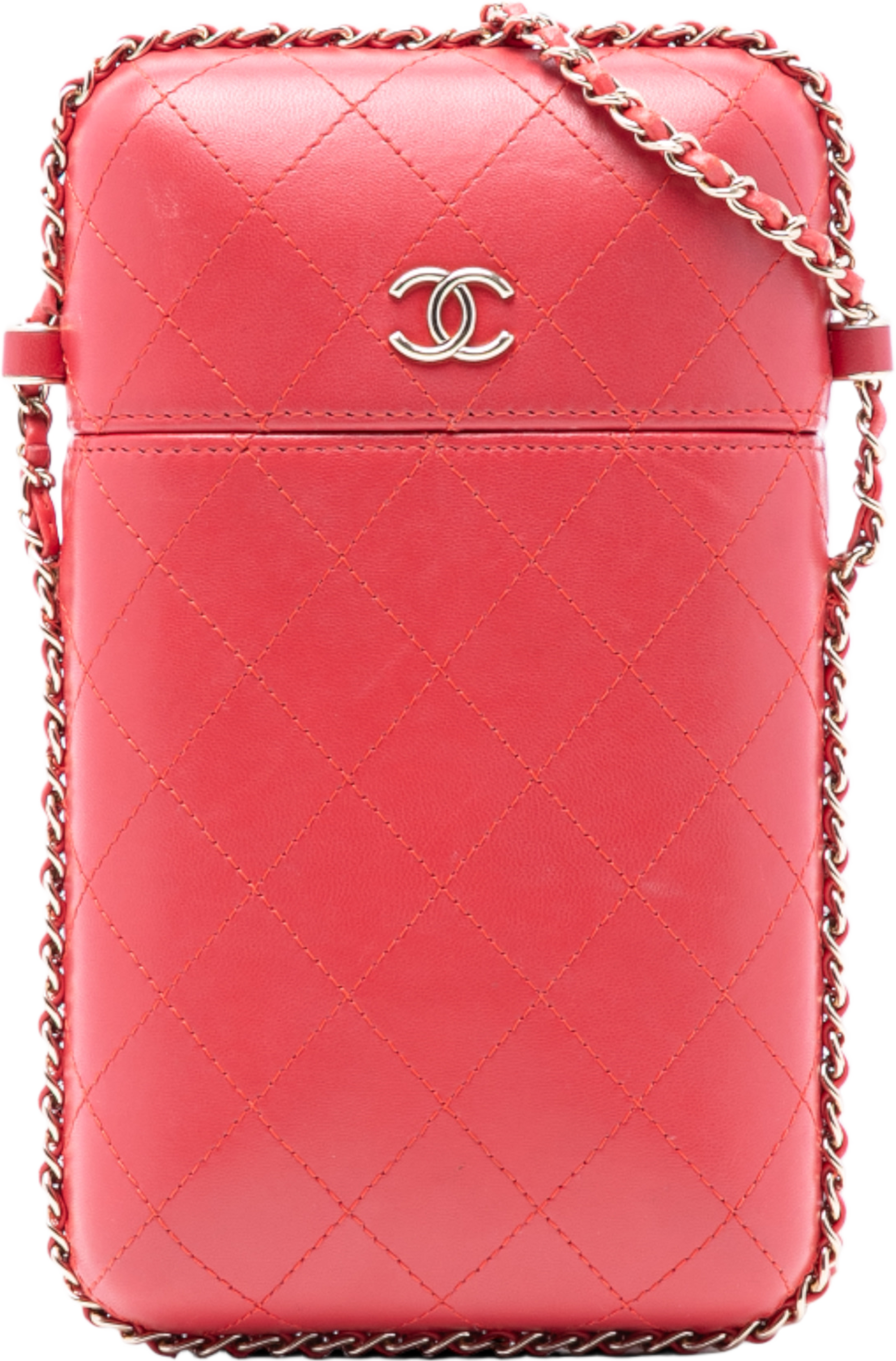 Chanel Cc Quilted Lambskin Chain Around Phone Holder, från Luxclusif, i färgen red. Klicka för att öppna bilden i stort format