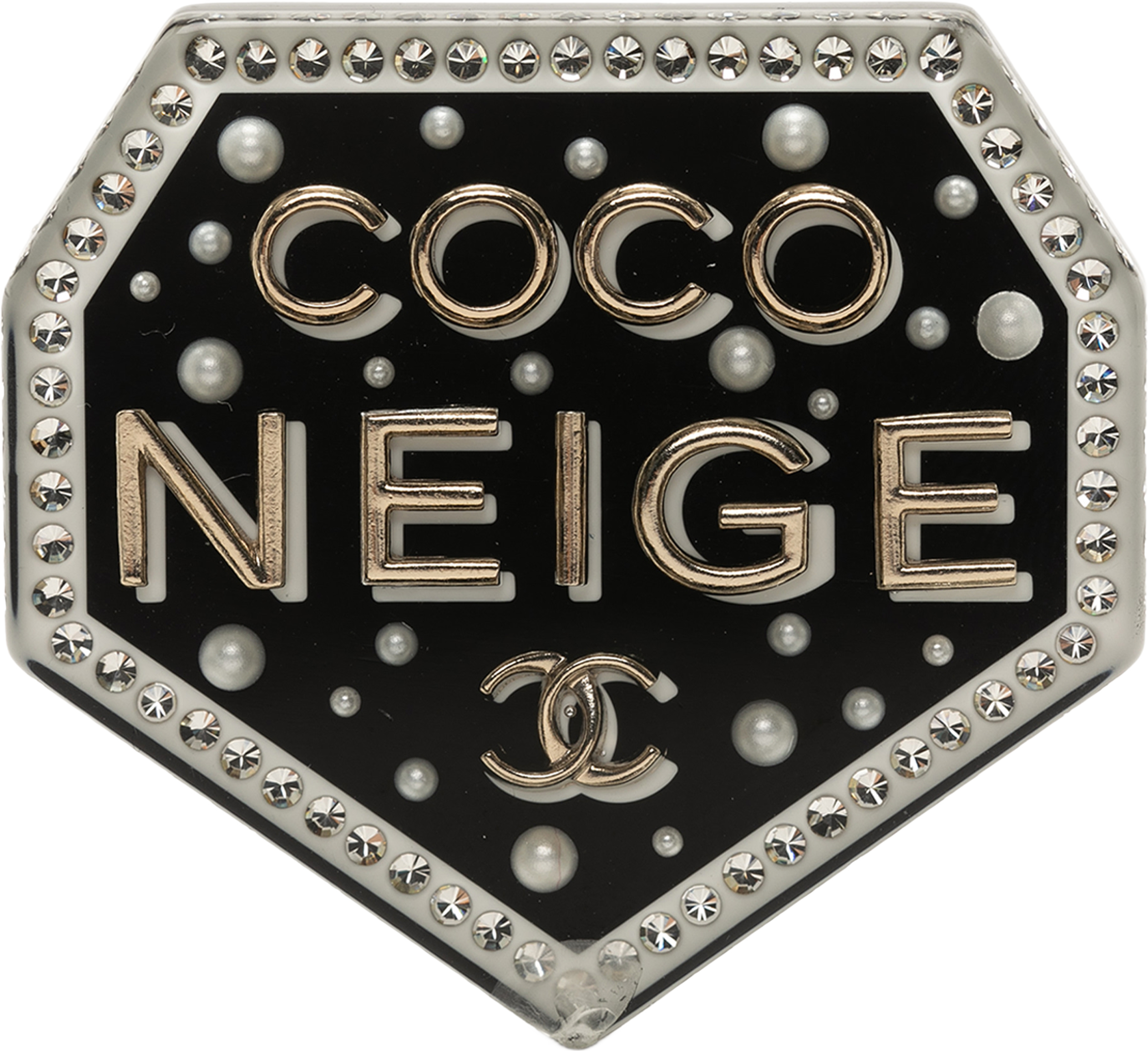 Chanel Cc Resin Strass And Faux Pearl Coco Neige Pin Brooch, från Luxclusif, i färgen black. Klicka för att öppna bilden i stort format