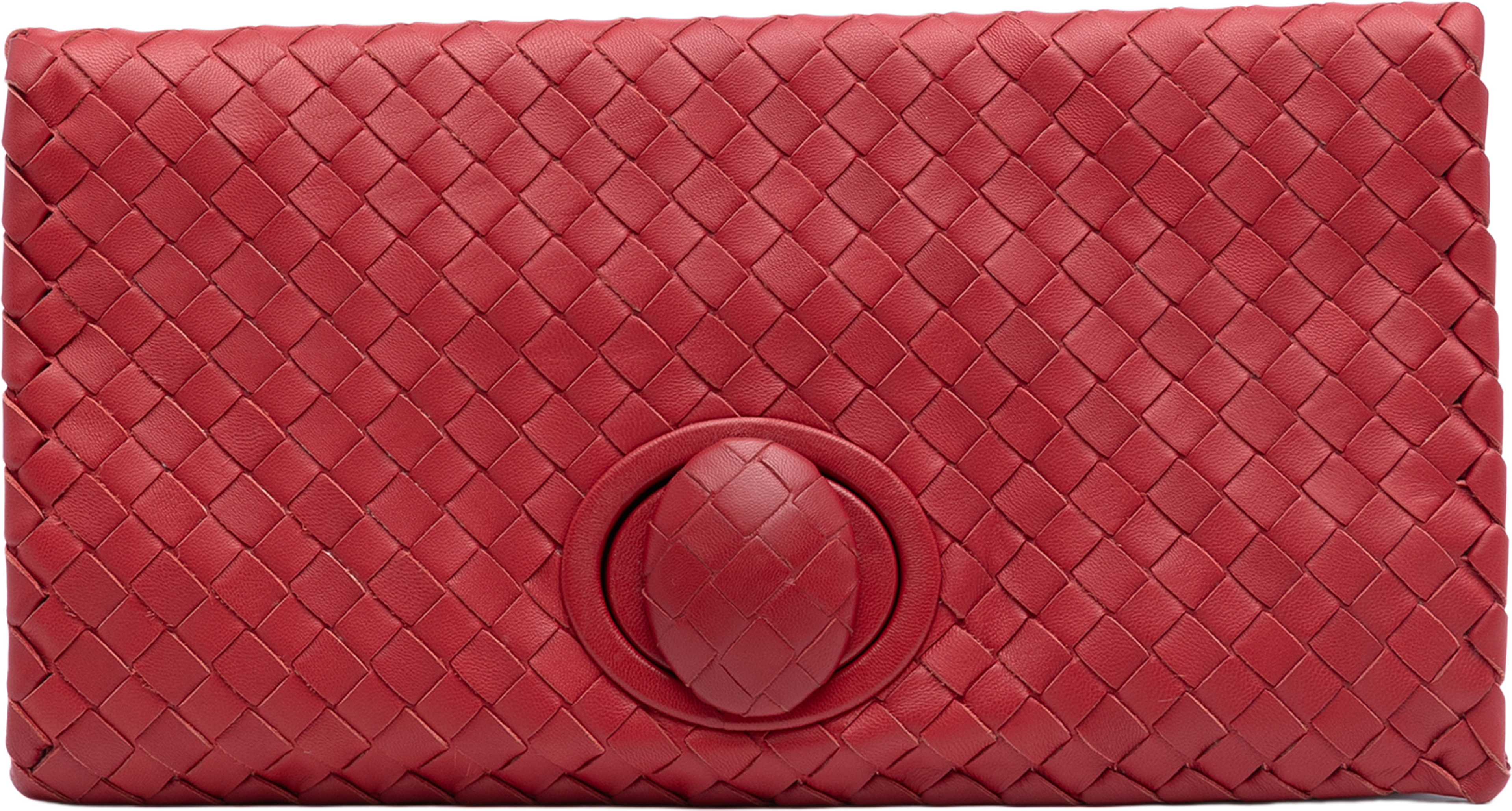 Bottega Veneta Nappa Intrecciato Turn Lock Clutch, från Luxclusif, i färgen red. Klicka för att öppna bilden i stort format