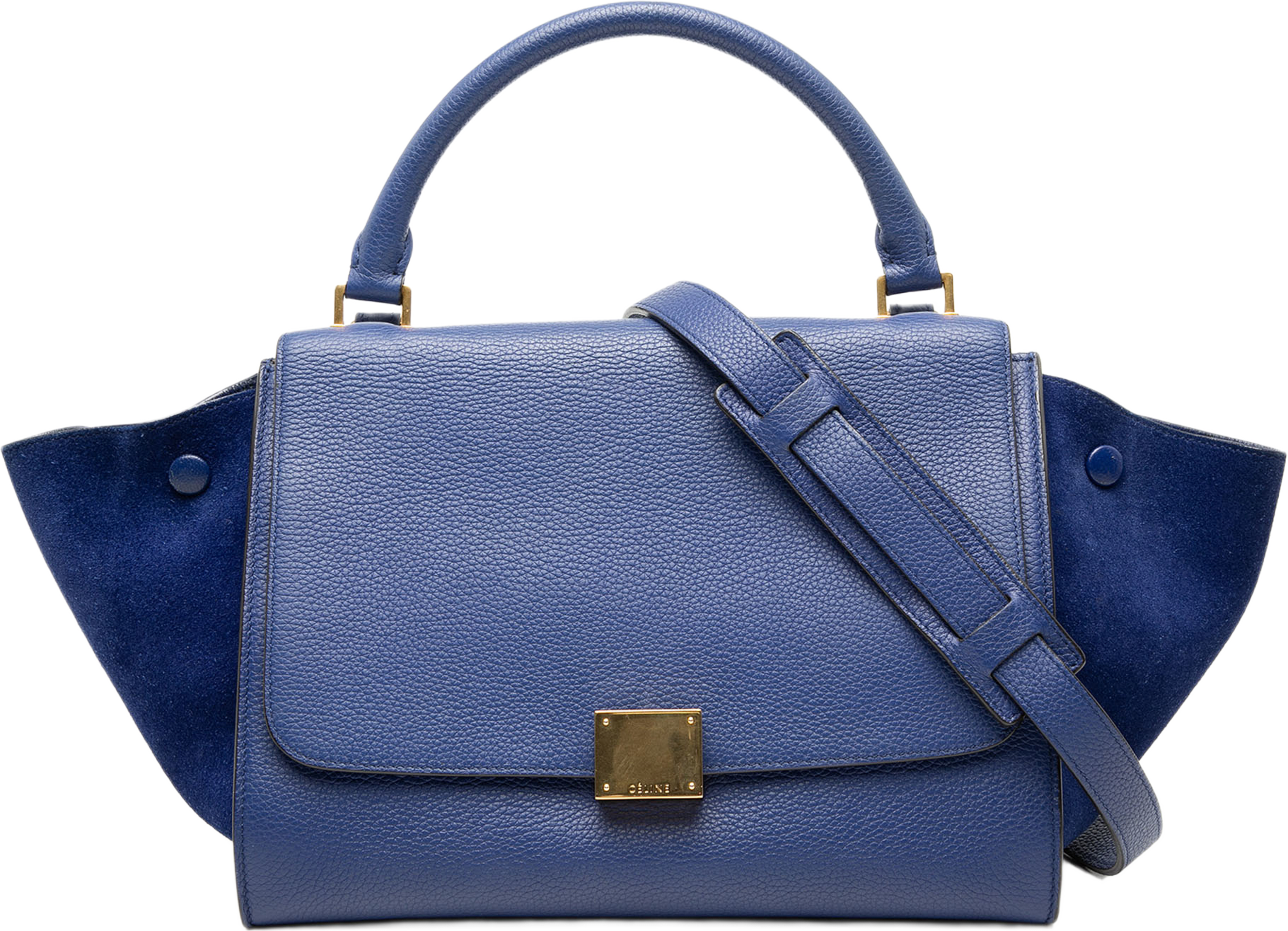Celine Small Drummed Calfskin And Suede Trapeze Satchel, från Luxclusif, i färgen blue. Klicka för att öppna bilden i stort format
