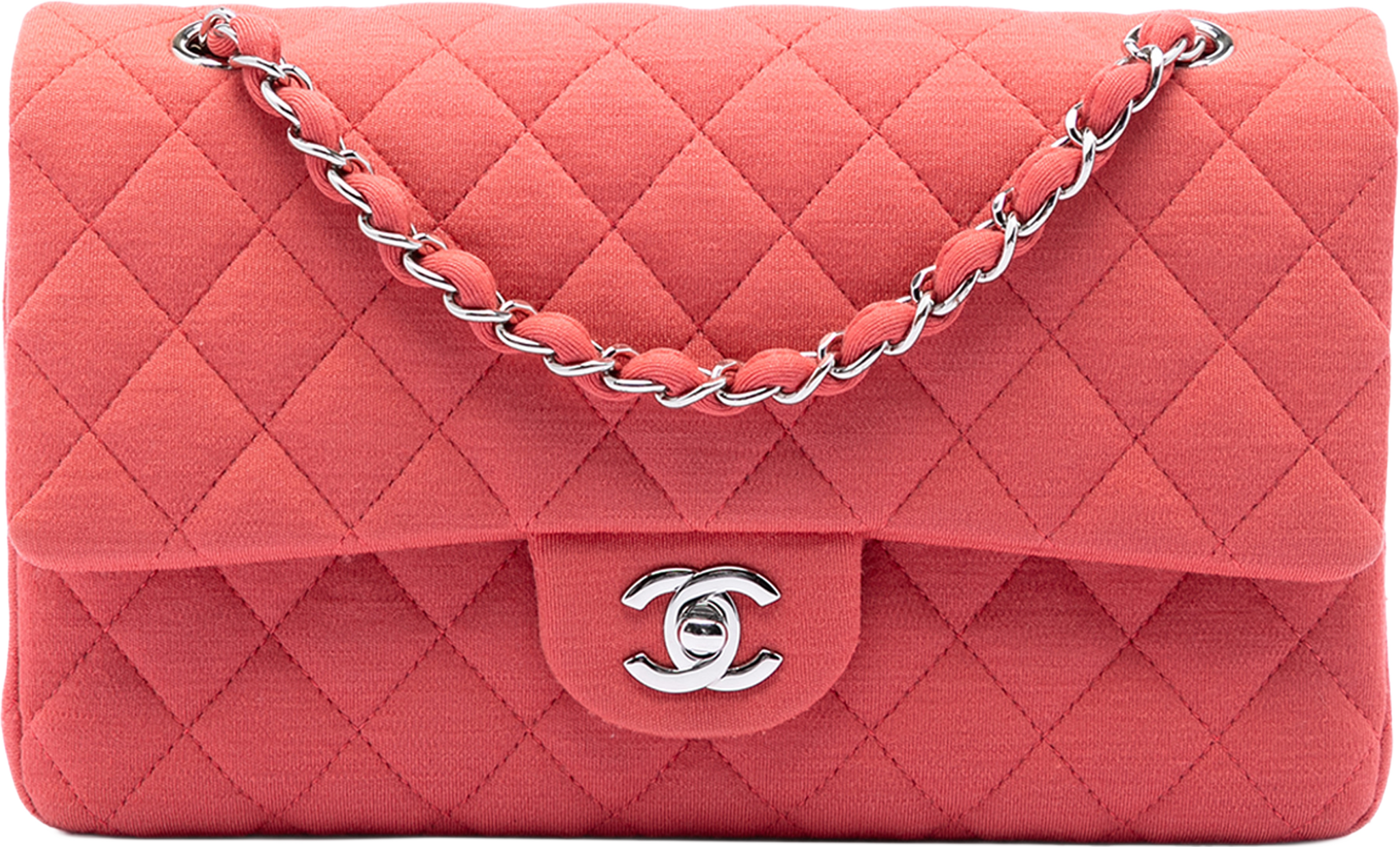 Chanel Medium Classic Jersey Double Flap, från Luxclusif, i färgen blush. Klicka för att öppna bilden i stort format