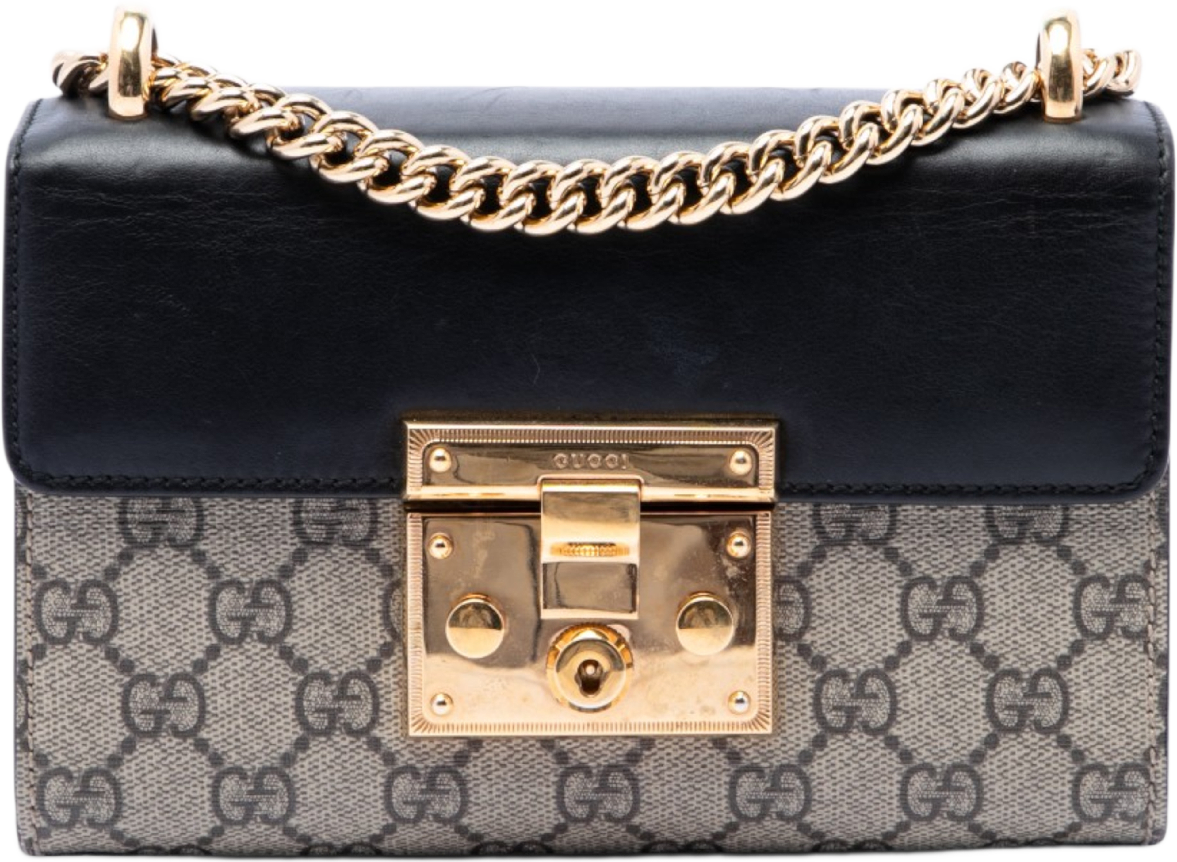 Gucci Small Gg Supreme Padlock Crossbody, från Luxclusif, i färgen beige. Klicka för att öppna bilden i stort format