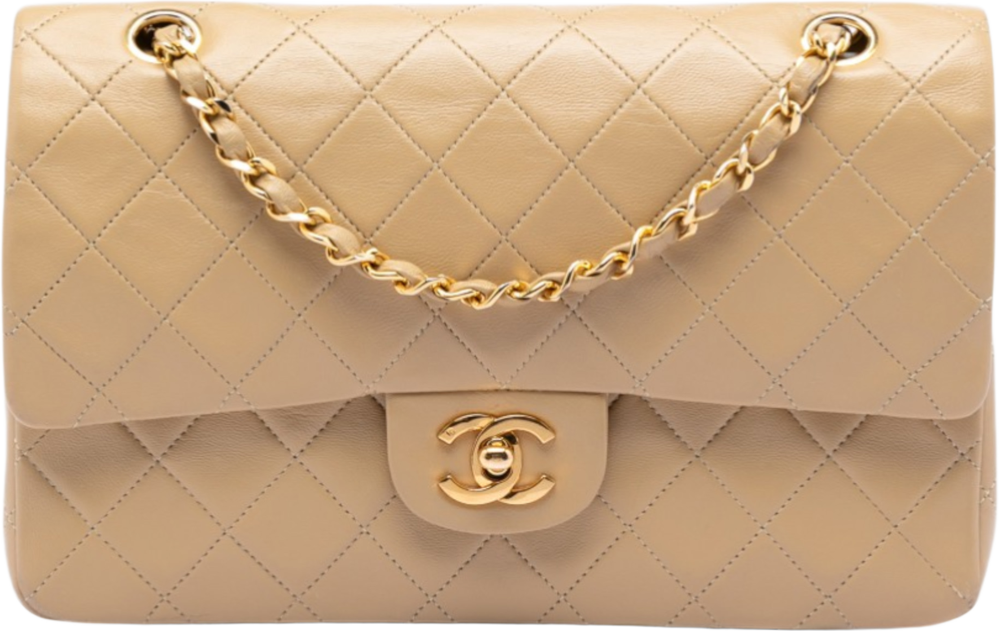 Chanel Medium Classic Lambskin Double Flap, från Luxclusif, i färgen beige. Klicka för att öppna bilden i stort format