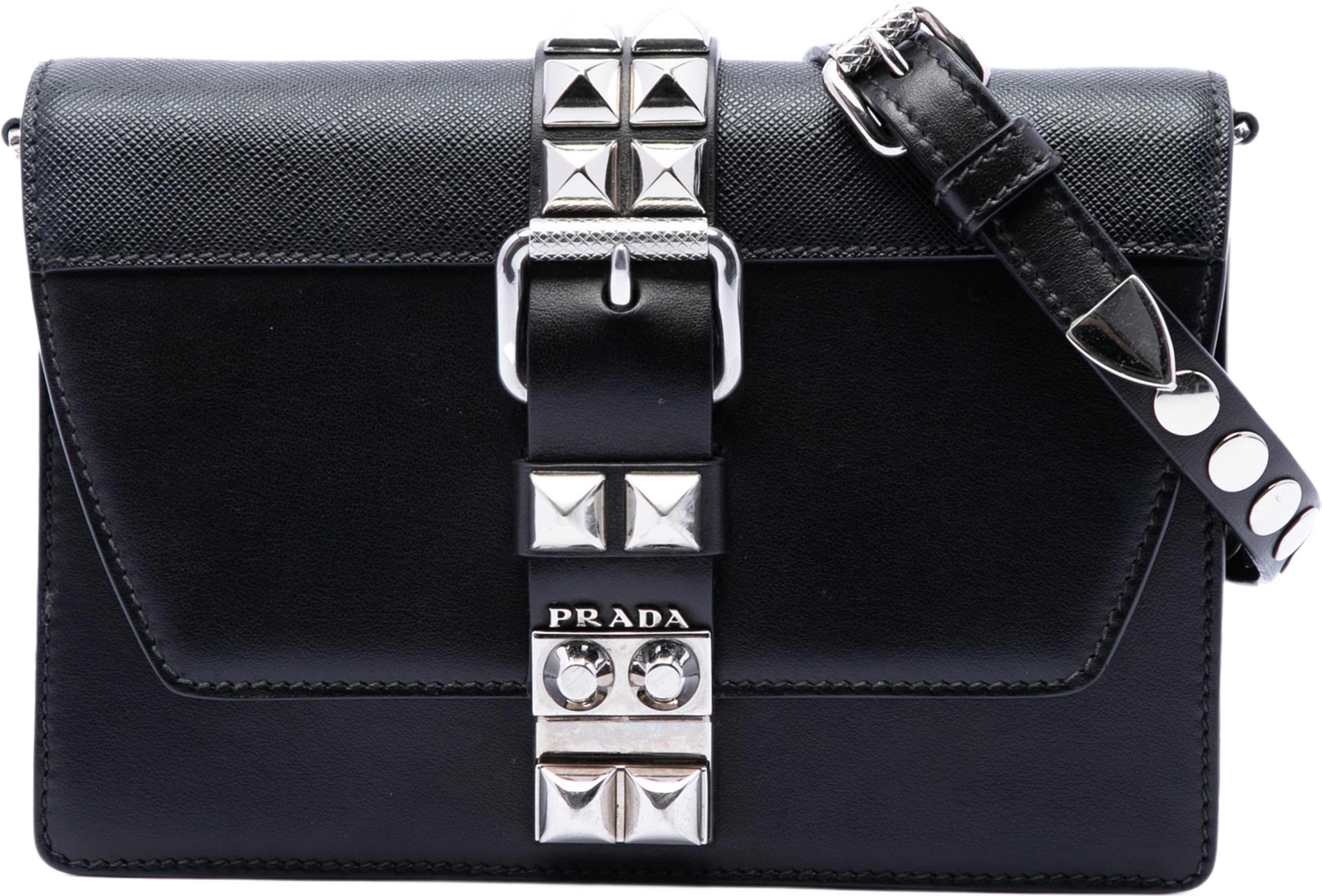 Prada City Calfskin And Saffiano Studded Elektra Crossbody, från Luxclusif, i färgen svart. Klicka för att öppna bilden i stort format