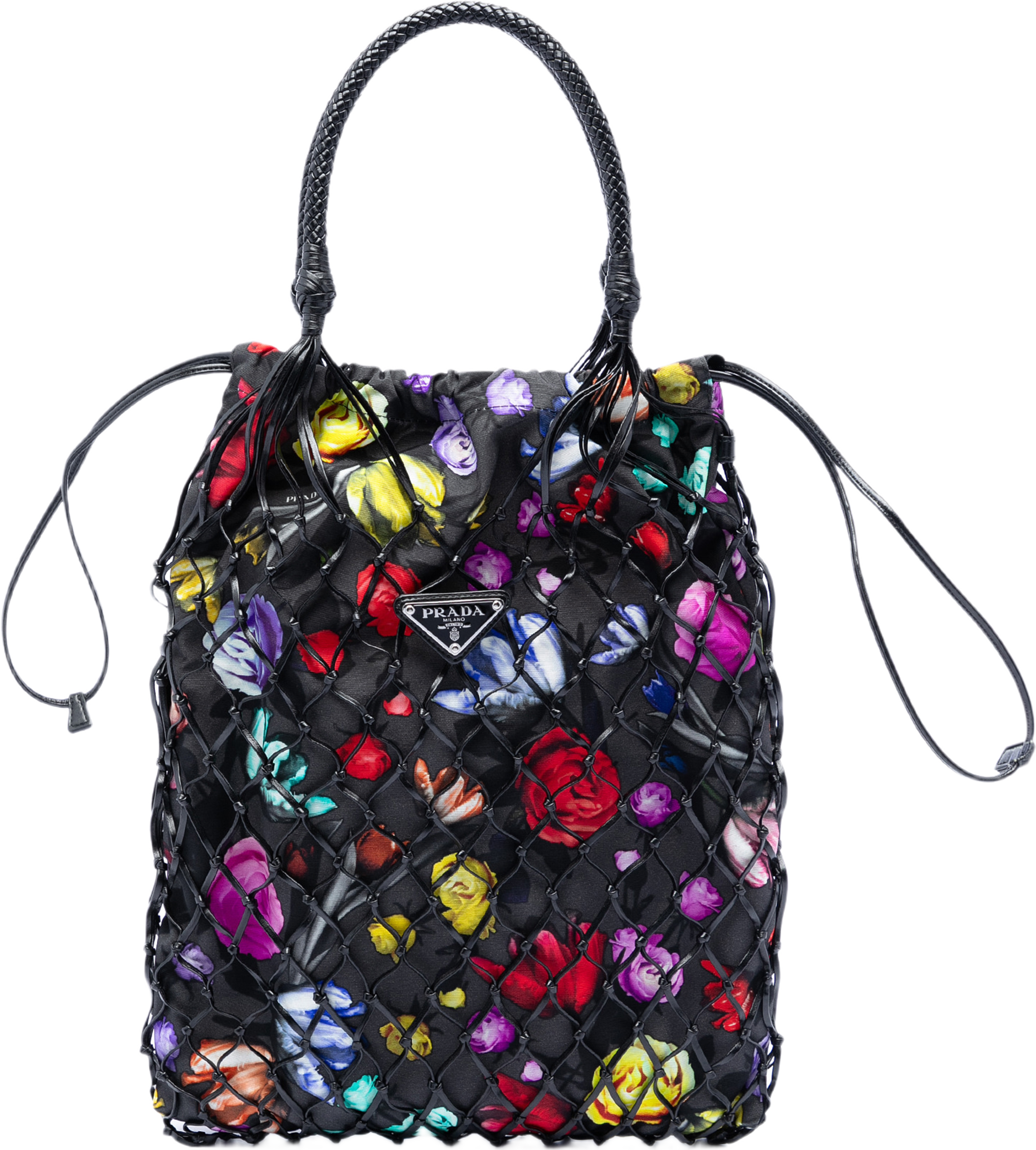 Prada Mesh Leather And Floral Printed Tessuto Tote, från Luxclusif, i färgen black. Klicka för att öppna bilden i stort format