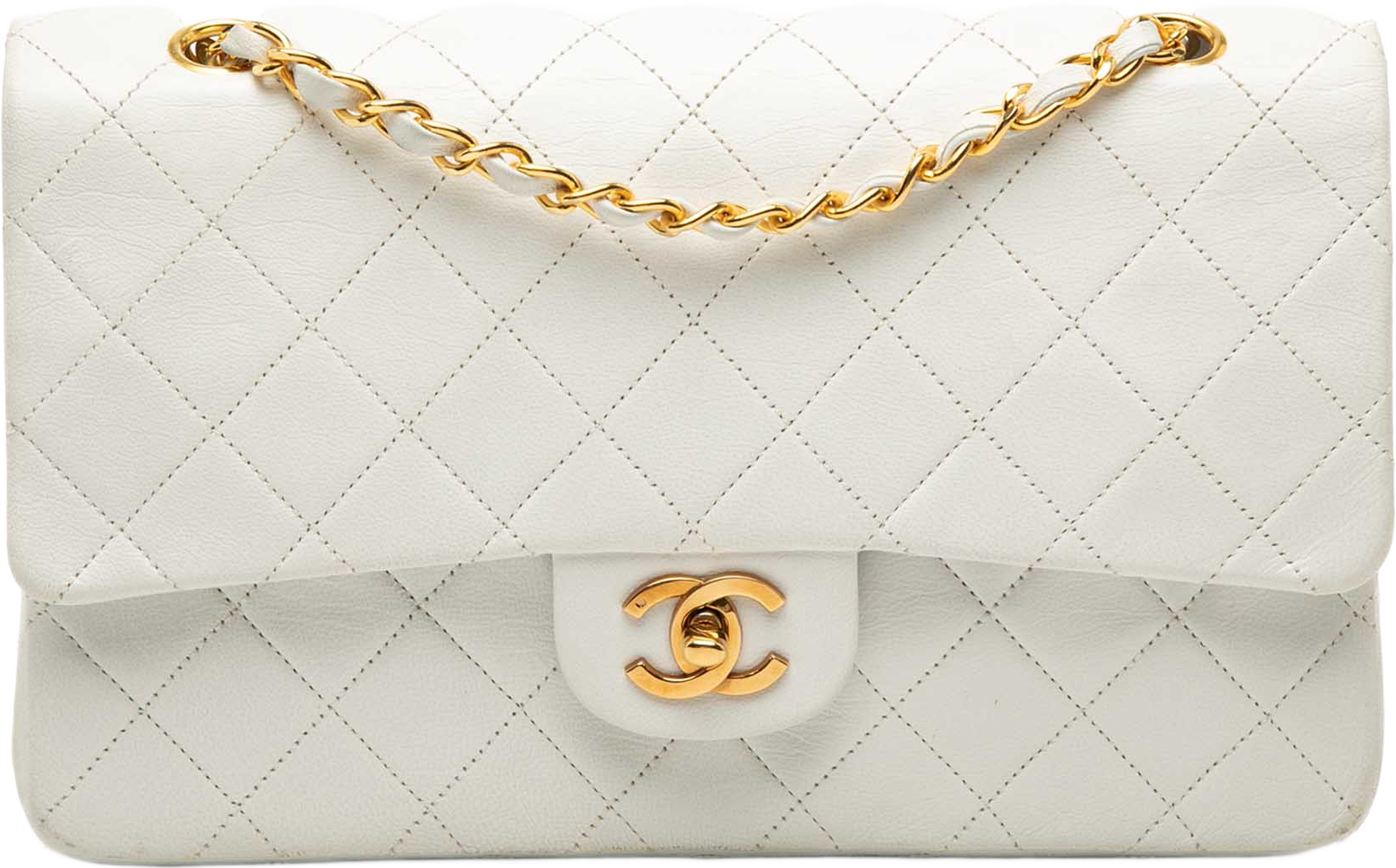Chanel Medium Classic Lambskin Double Flap, från Luxclusif, i färgen vit. Klicka för att öppna bilden i stort format