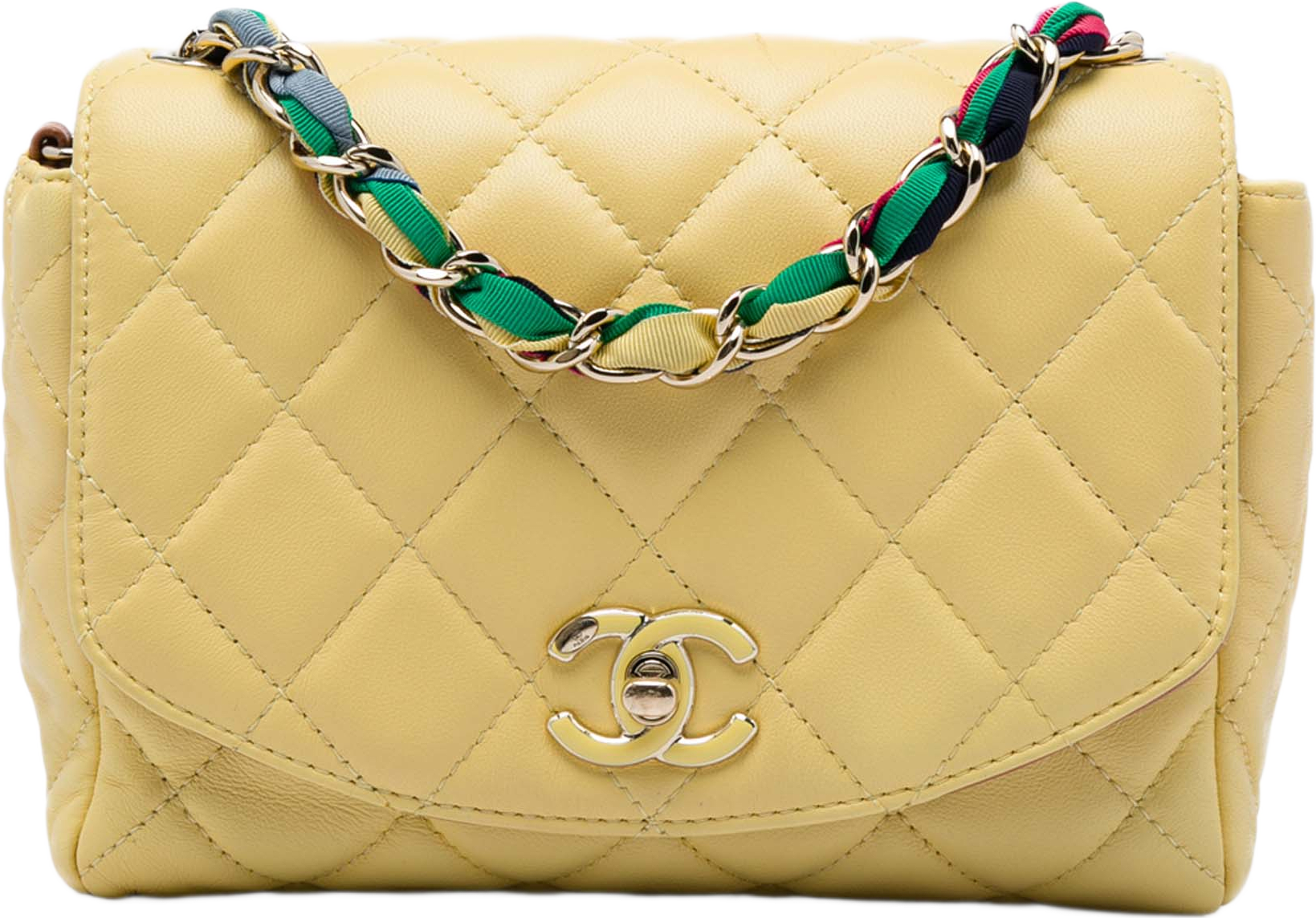 Chanel Small Quilted Lambskin Cocovado Ribbon Chain Flap, från Luxclusif, i färgen gul. Klicka för att öppna bilden i stort format