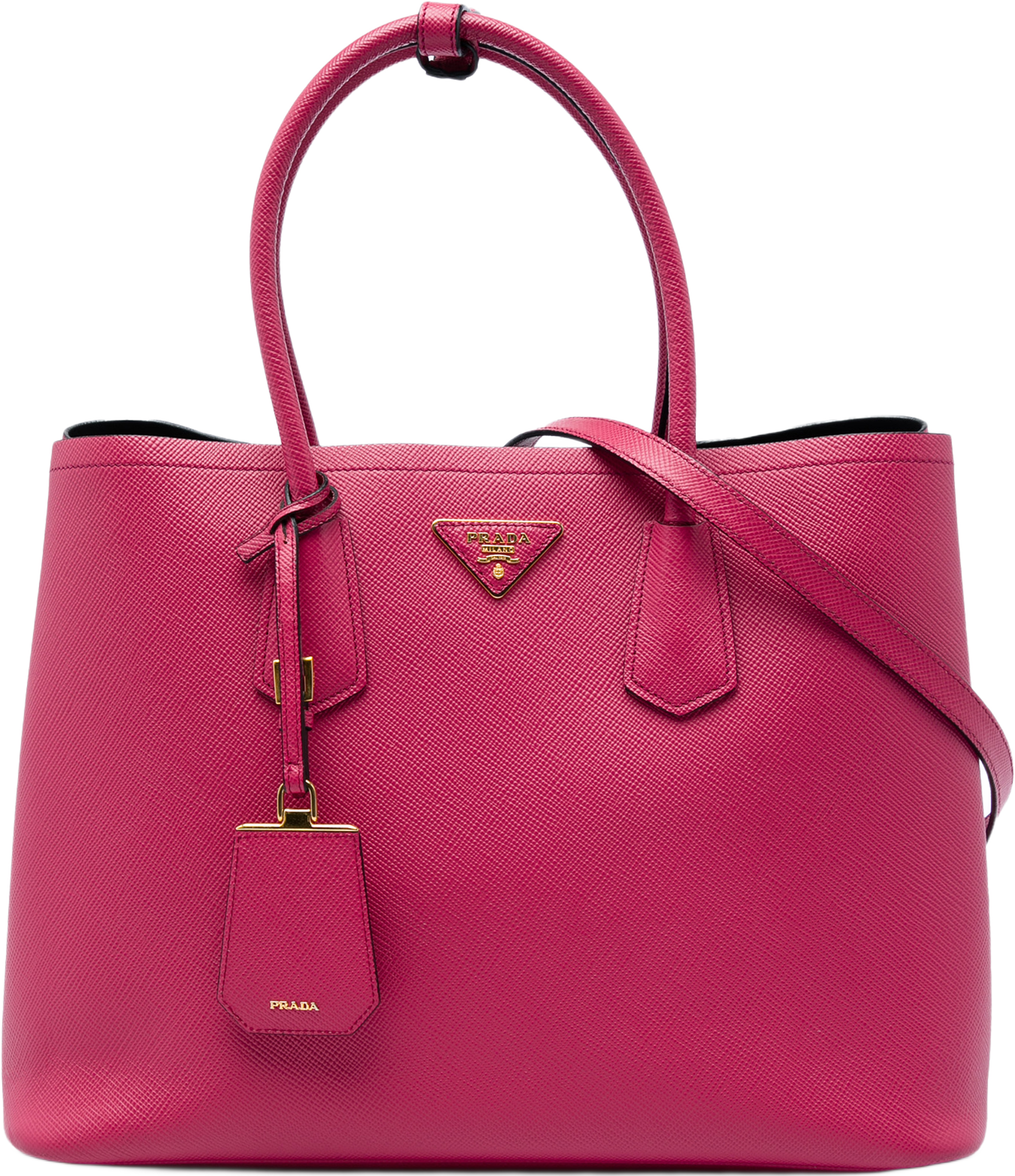 Prada Medium Saffiano Cuir Double Satchel, från Luxclusif, i färgen rosa. Klicka för att öppna bilden i stort format
