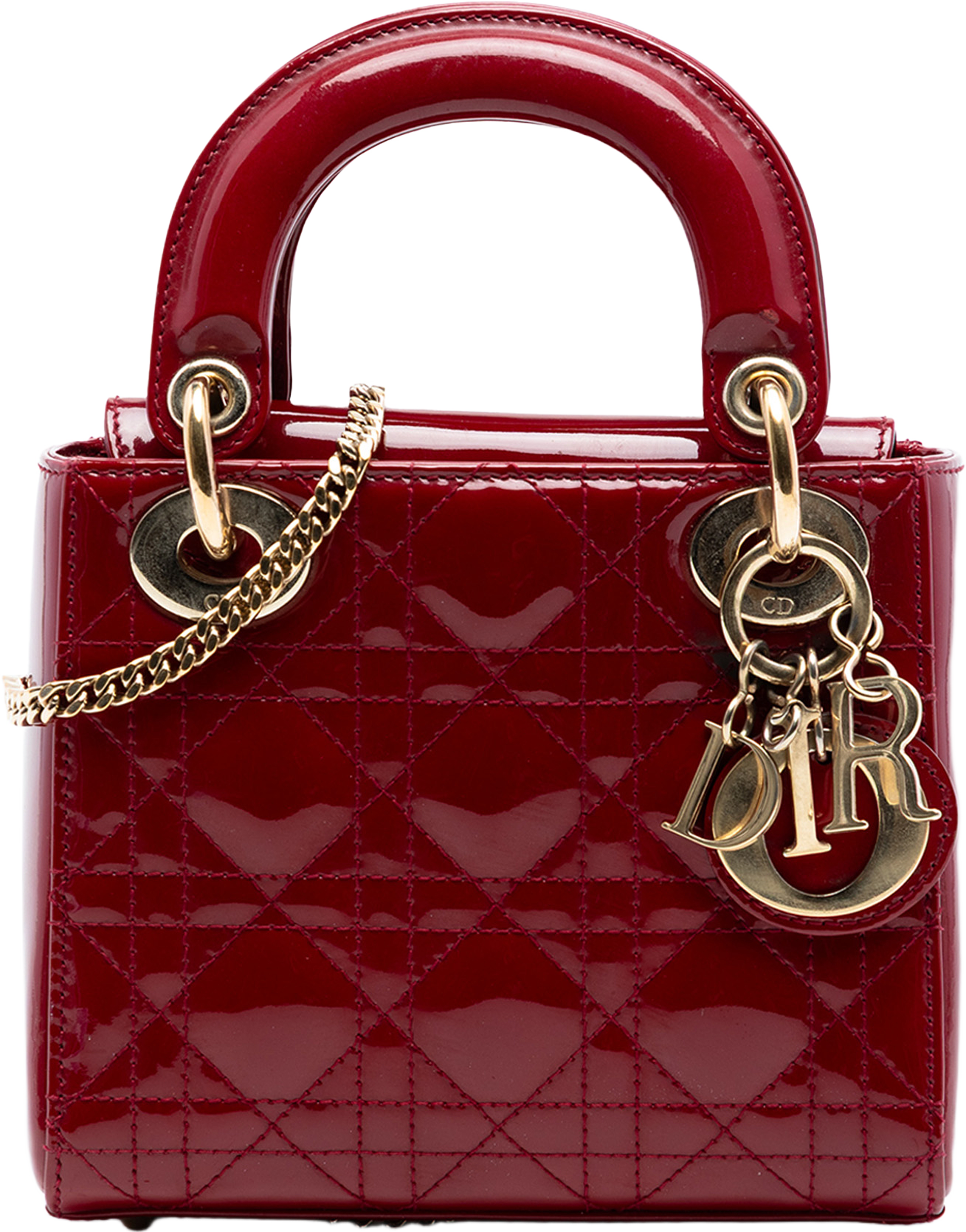 Dior Mini Patent Cannage Lady Dior, från Luxclusif, i färgen dark red. Klicka för att öppna bilden i stort format