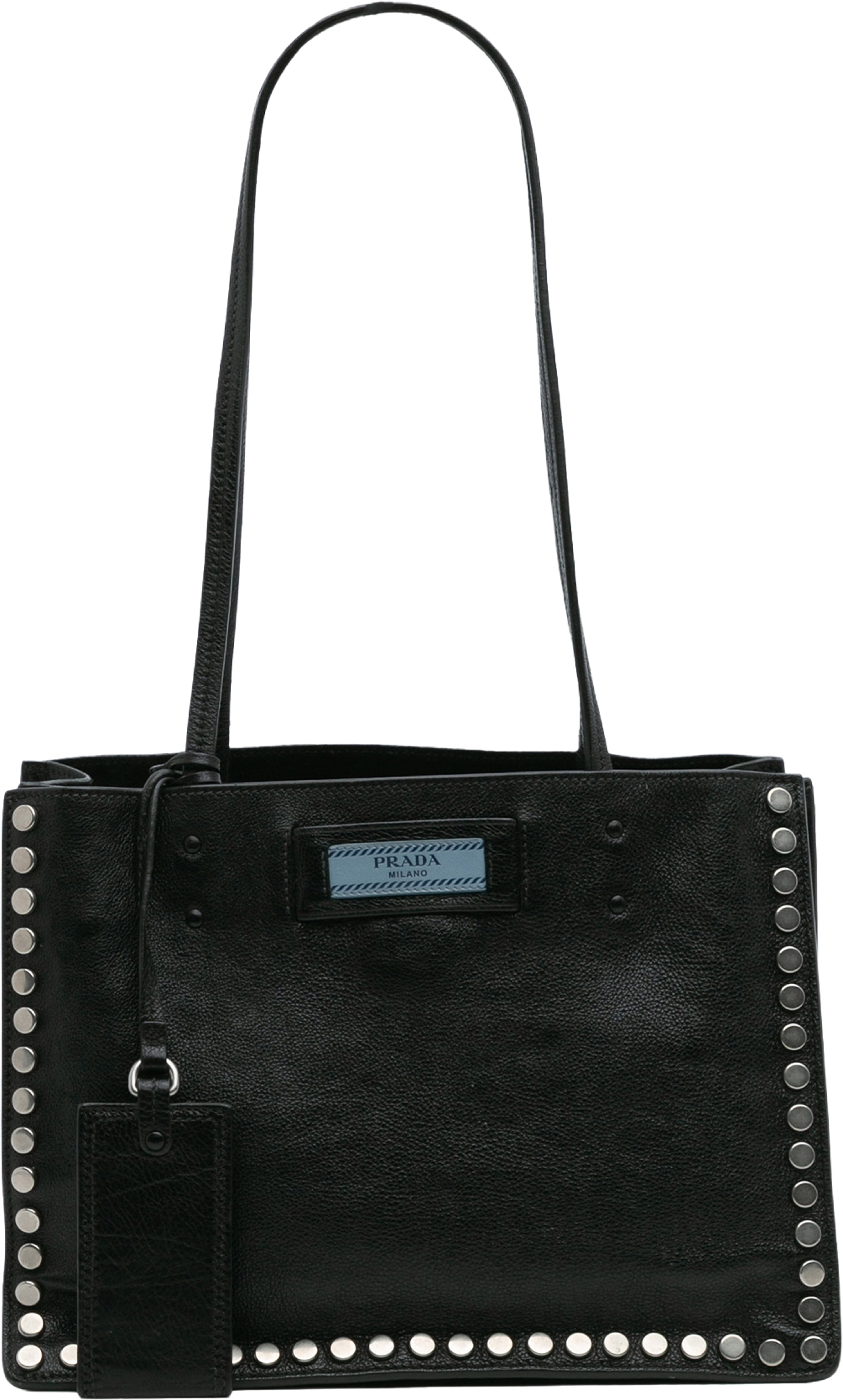 Prada Glace Calf Studded Etiquette Tote, från Luxclusif, i färgen black. Klicka för att öppna bilden i stort format