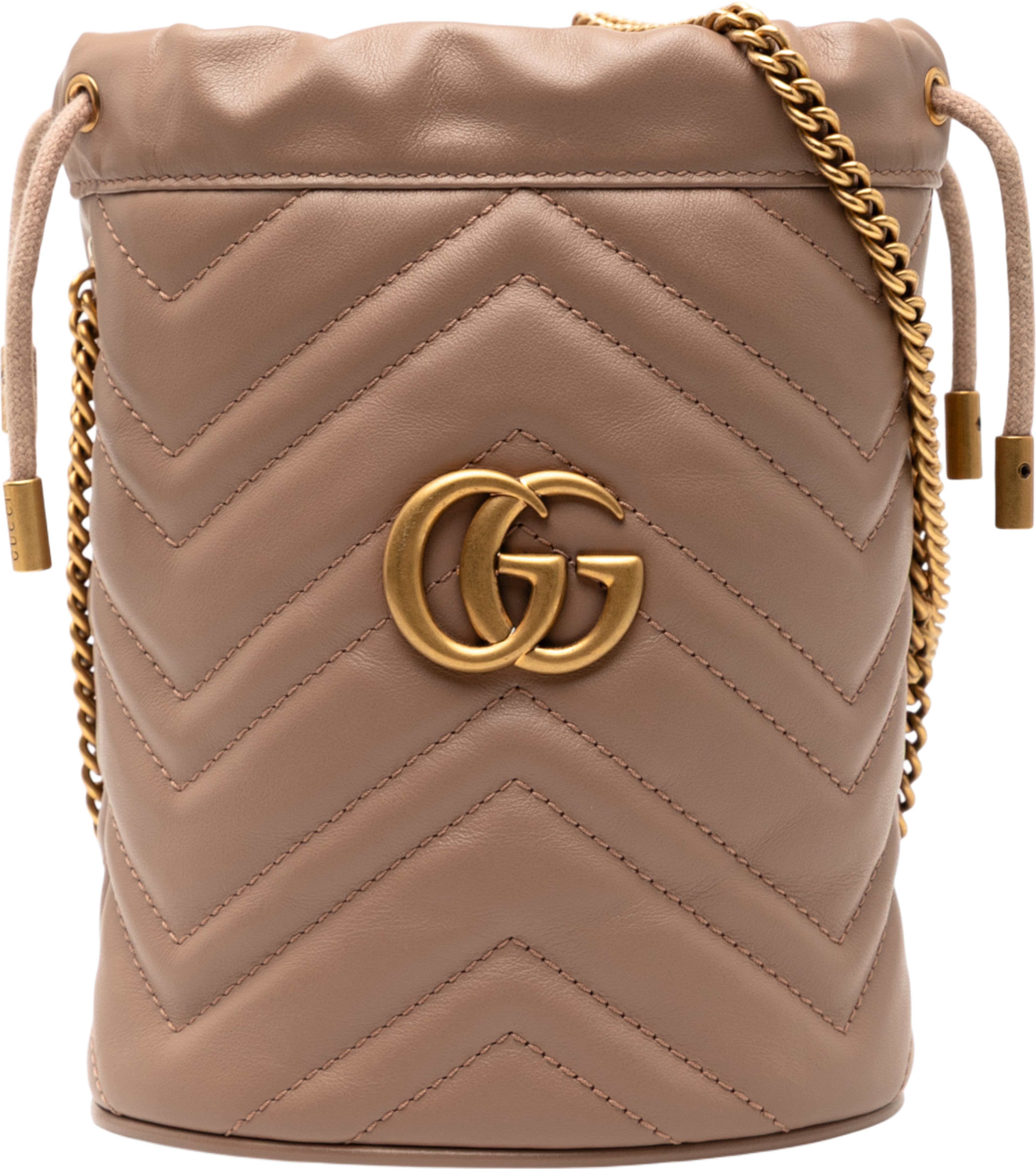 Gucci Small Gg Marmont Leather Matelasse Bucket Bag, från Luxclusif, i färgen nude. Klicka för att öppna bilden i stort format
