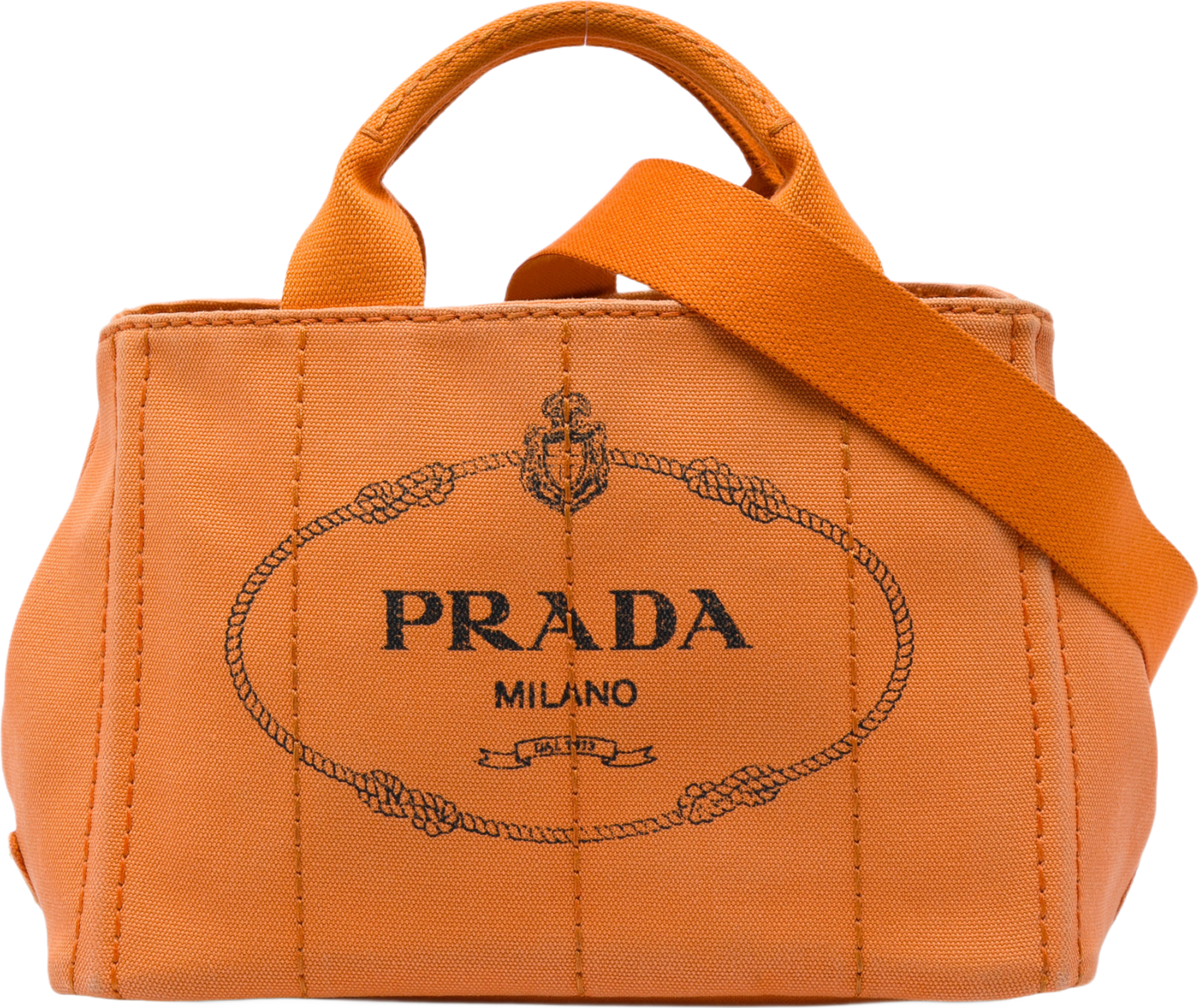 Prada Small Canvas Canapa Logo Tote, från Luxclusif, i färgen orange. Klicka för att öppna bilden i stort format