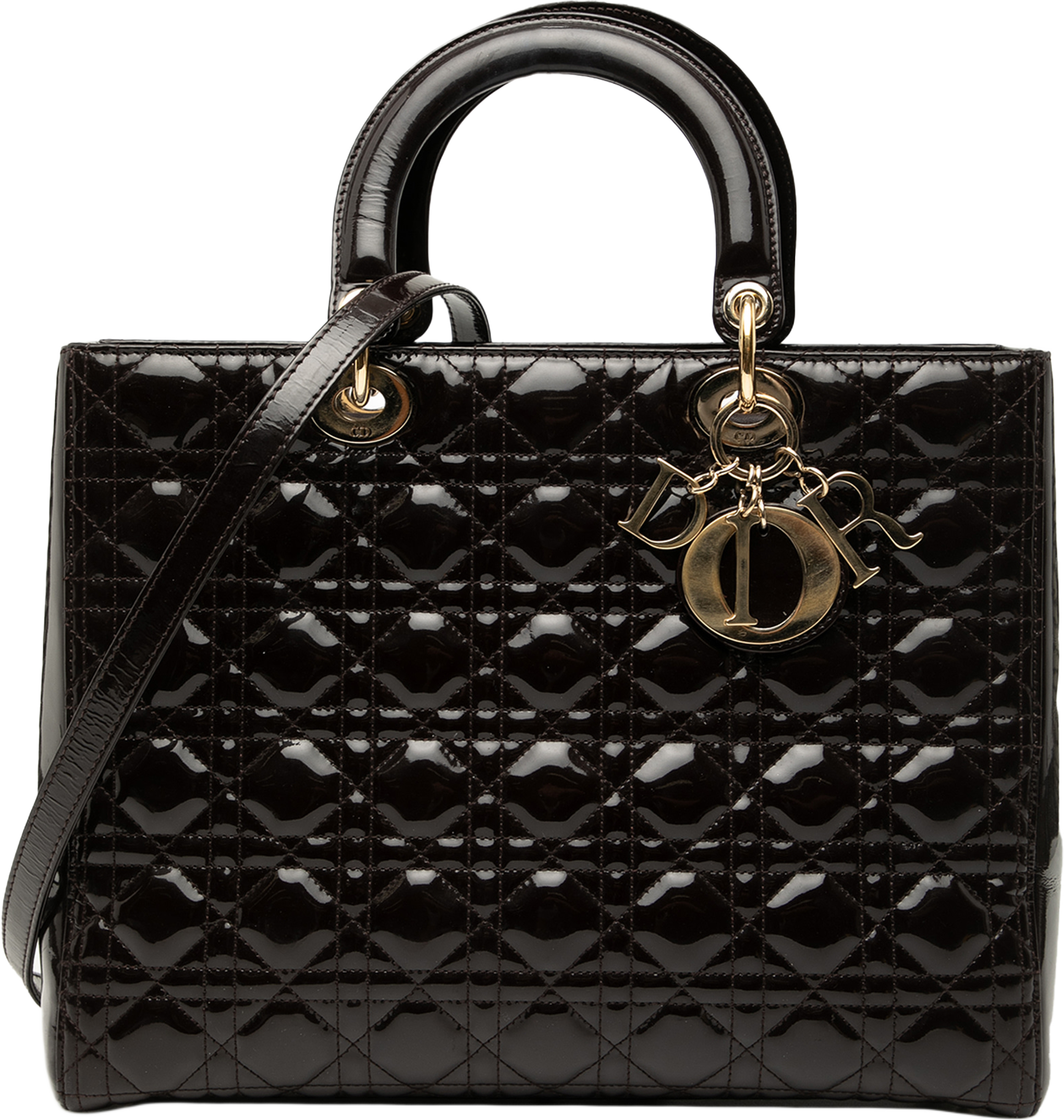 Dior Large Patent Cannage Lady Dior, från Luxclusif, i färgen dark brown. Klicka för att öppna bilden i stort format