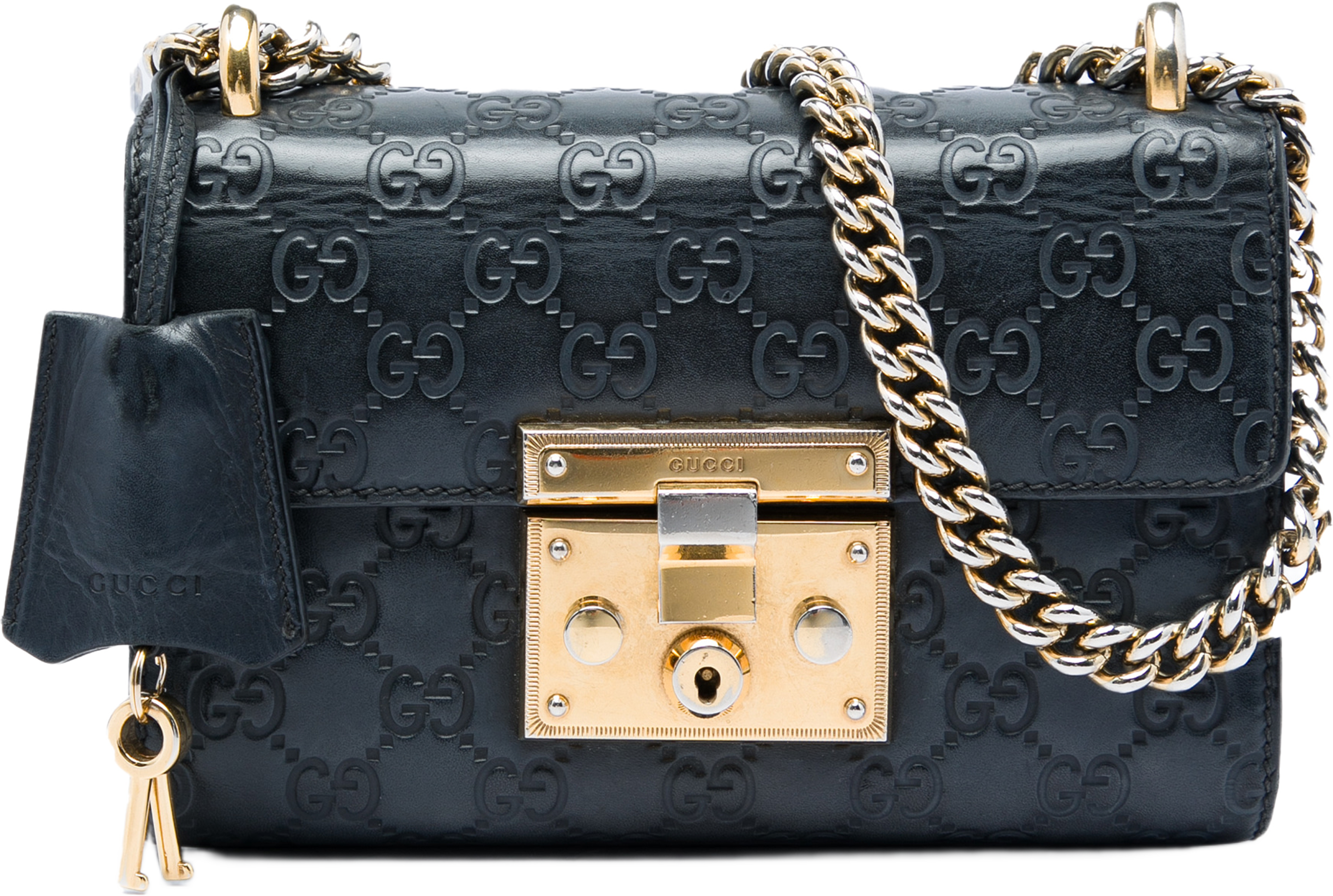 Gucci Small Guccissima Padlock Crossbody, från Luxclusif, i färgen svart. Klicka för att öppna bilden i stort format