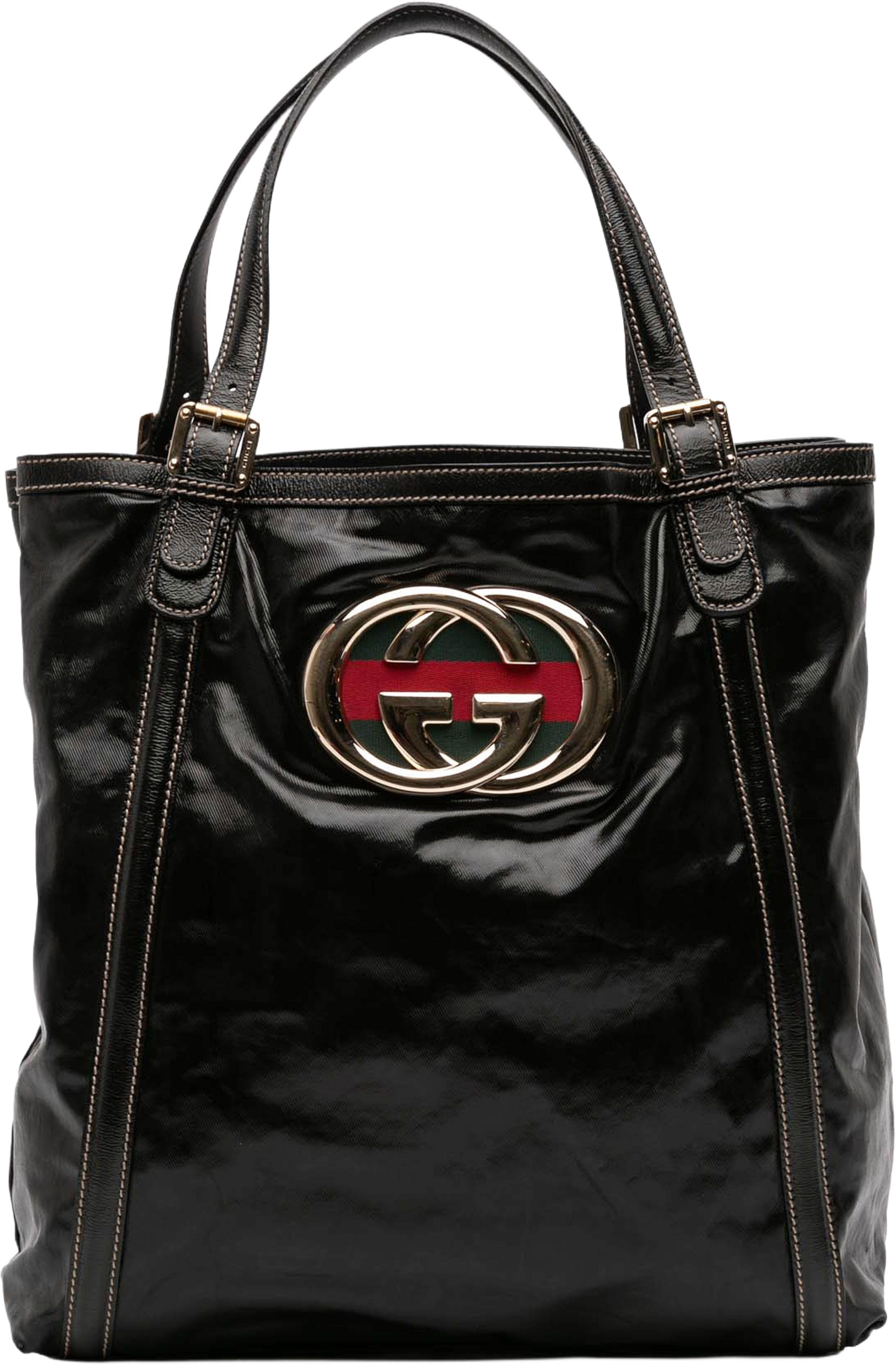 Gucci Patent Dialux Britt Web Tote, från Luxclusif, i färgen black. Klicka för att öppna bilden i stort format
