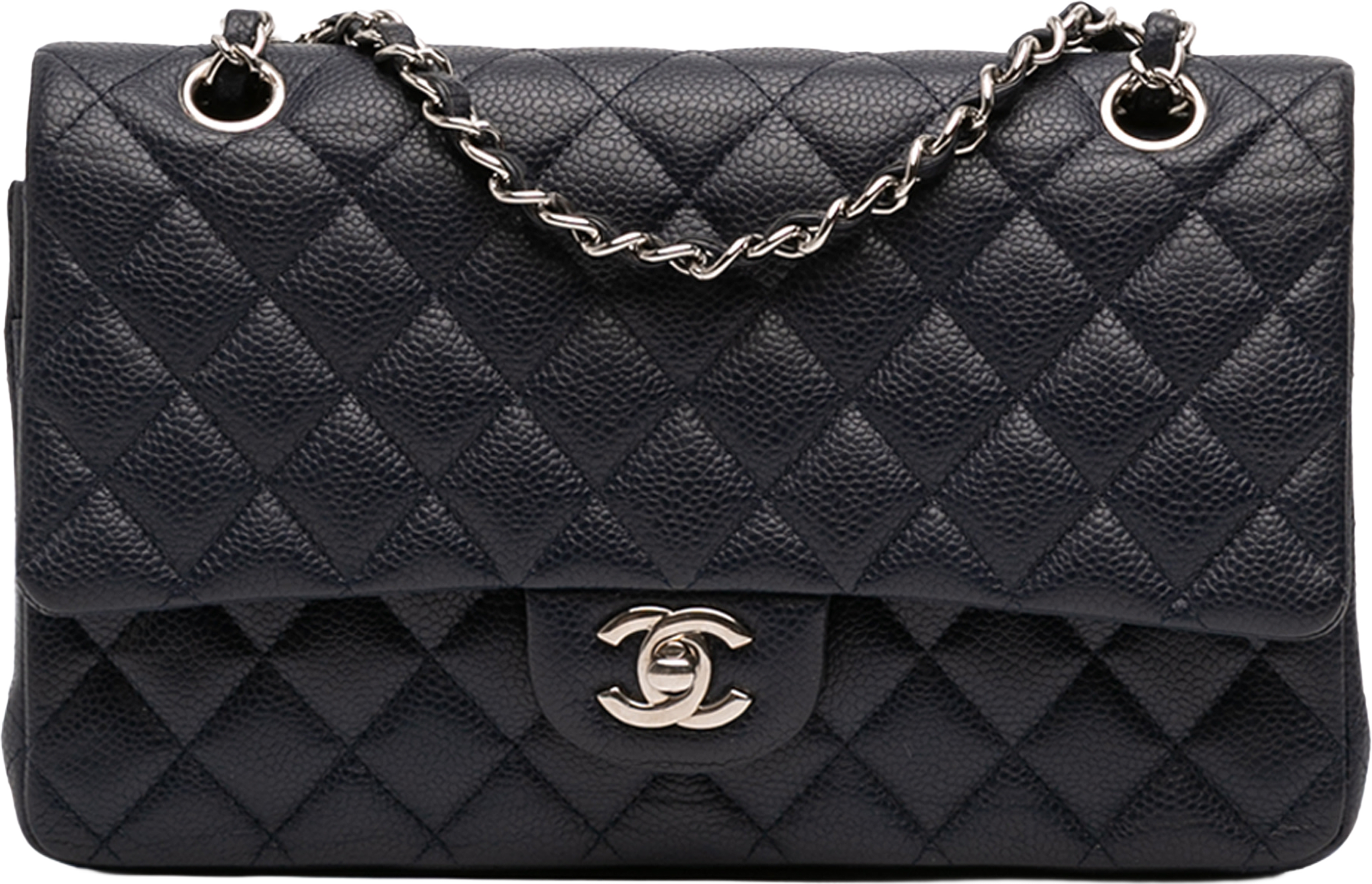 Chanel Medium Classic Caviar Double Flap, från Luxclusif, i färgen navy. Klicka för att öppna bilden i stort format