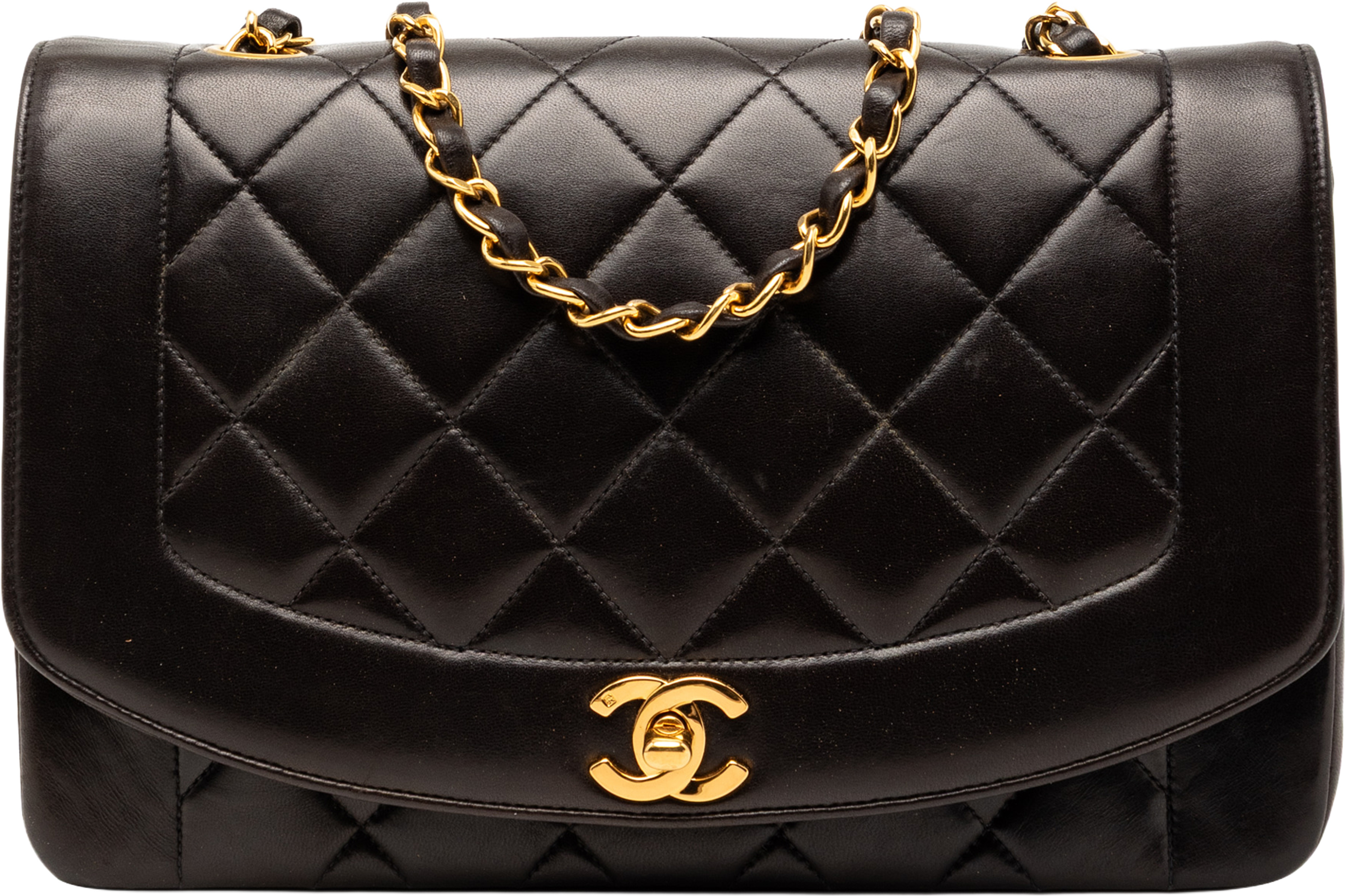 Chanel Medium Lambskin Diana Flap, från Luxclusif, i färgen black. Klicka för att öppna bilden i stort format