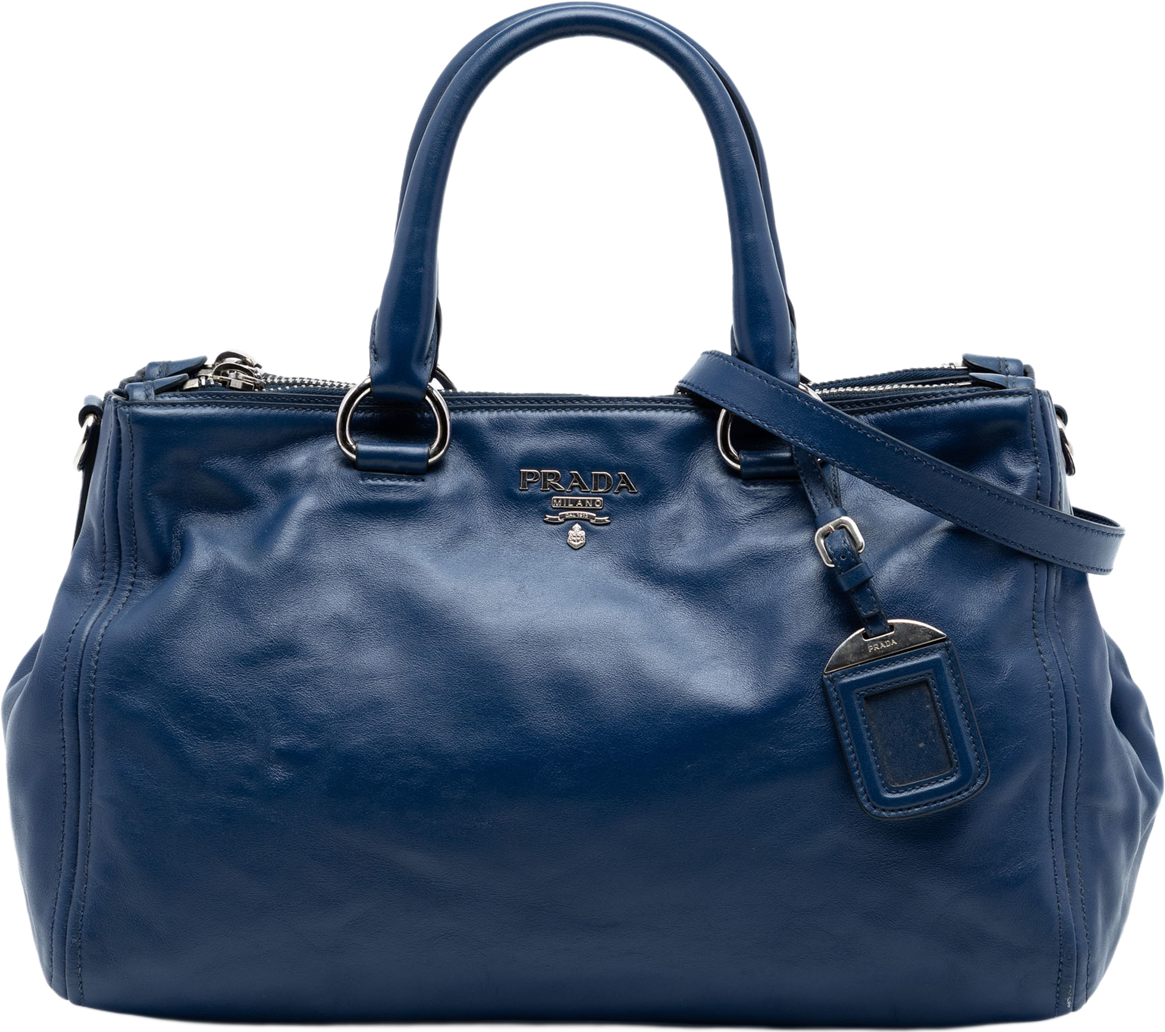 Prada Soft Calf Double Zip Convertible Tote, från Luxclusif, i färgen dark blue. Klicka för att öppna bilden i stort format