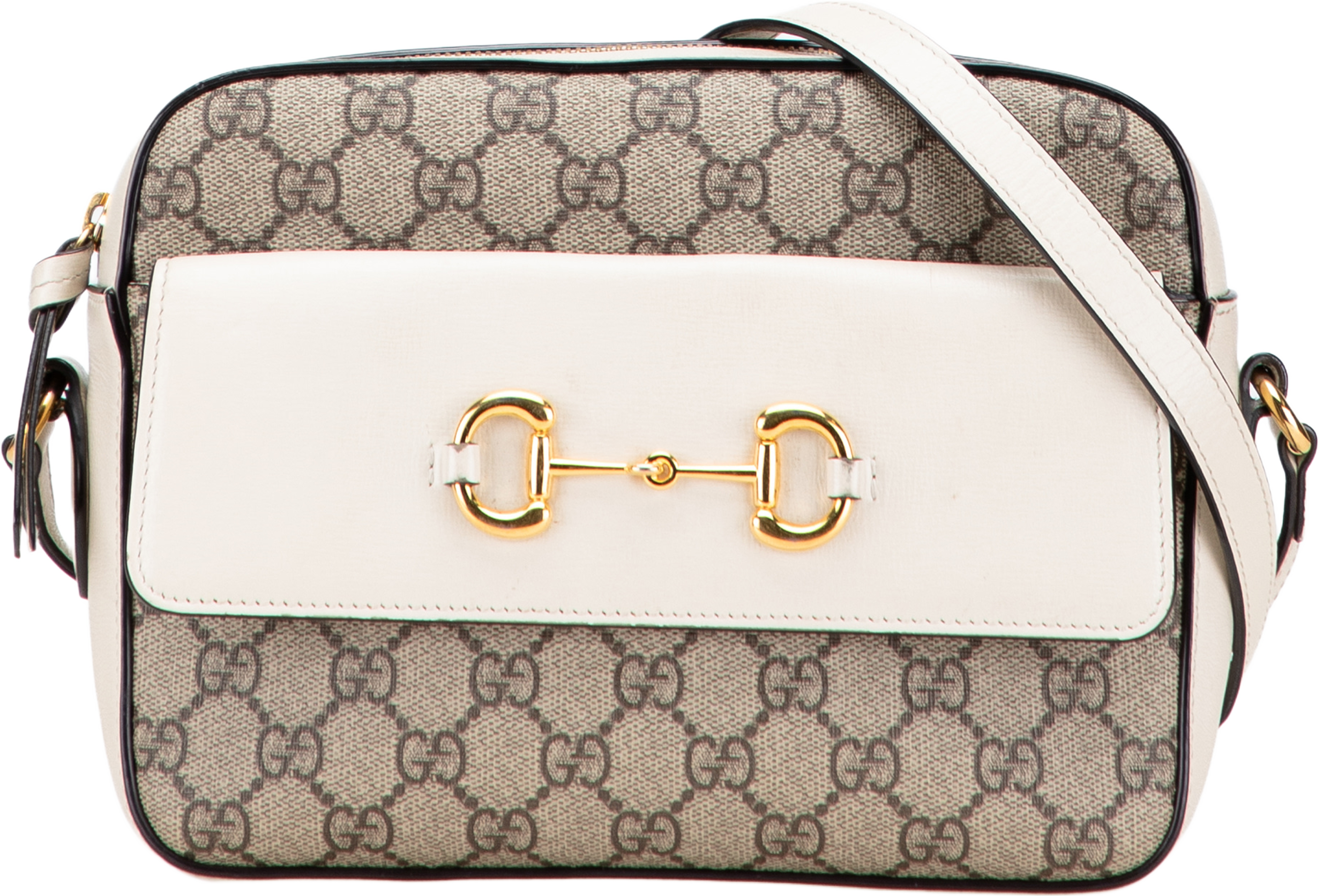 Gucci Small Gg Supreme Horsebit 1955 Crossbody, från Luxclusif, i färgen beige. Klicka för att öppna bilden i stort format