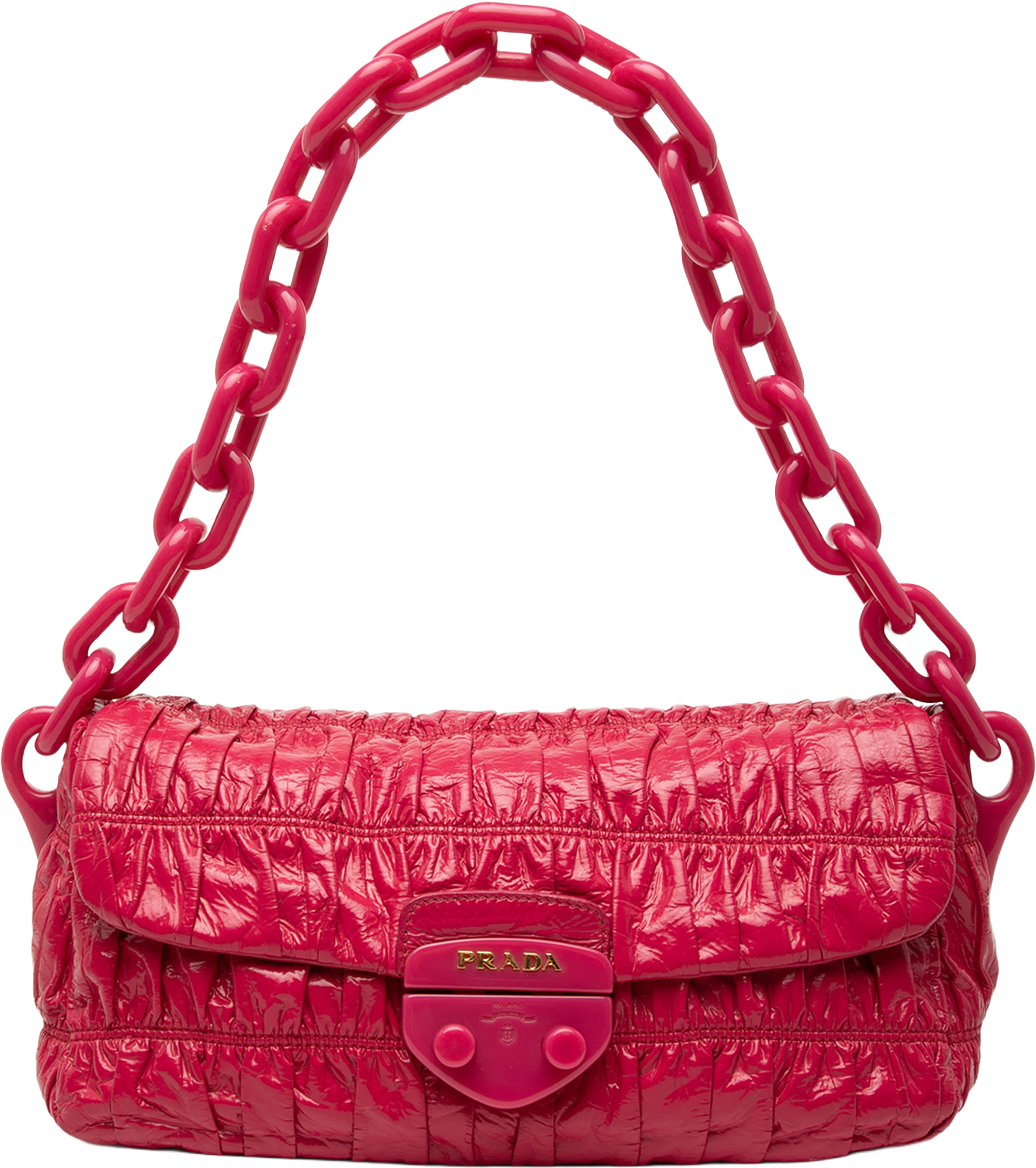 Prada Vernice Gaufre Shoulder Bag, från Luxclusif, i färgen hot pink. Klicka för att öppna bilden i stort format