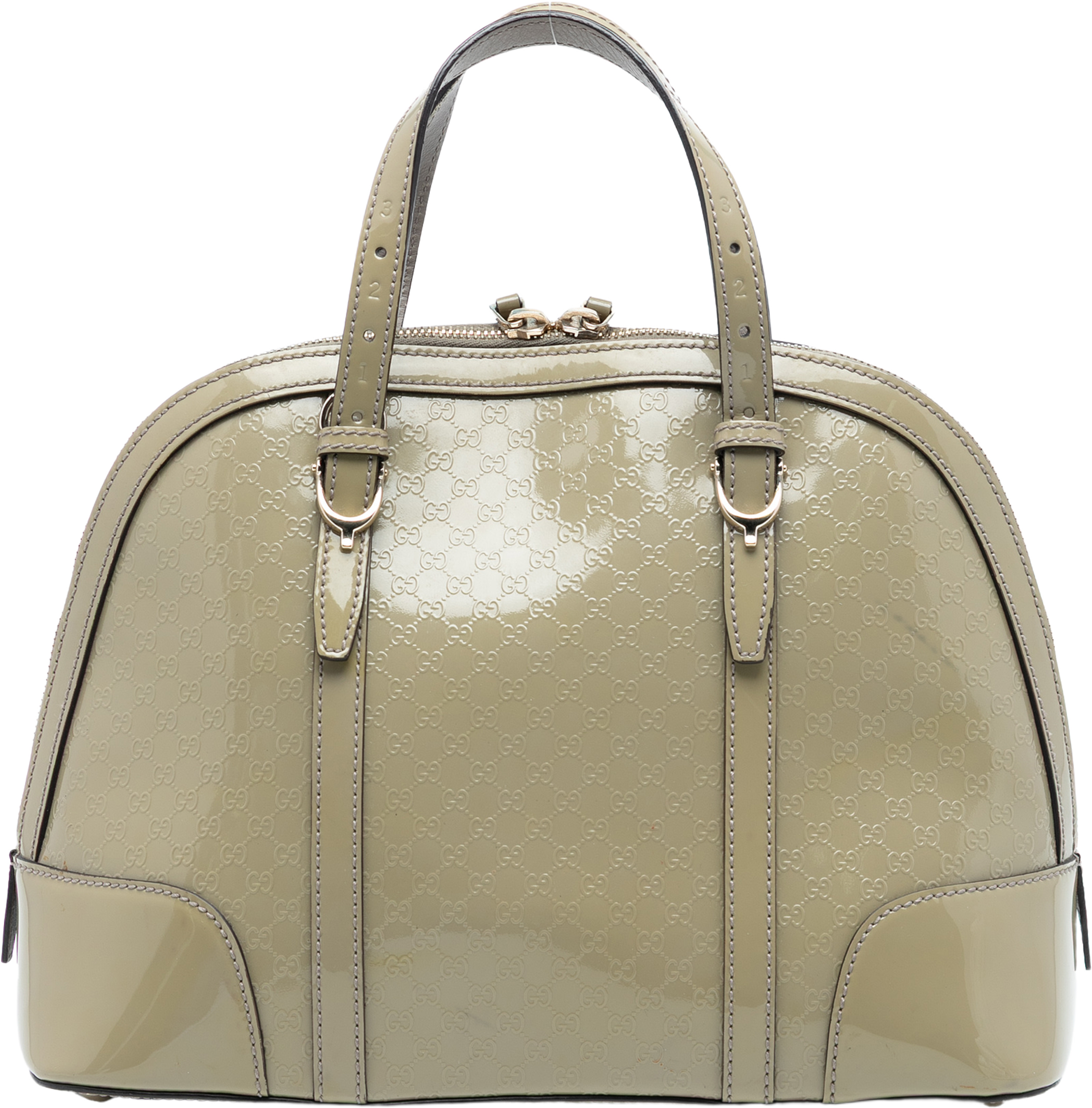 Gucci Small Microguccissima Patent Nice Satchel, från Luxclusif, i färgen taupe. Klicka för att öppna bilden i stort format