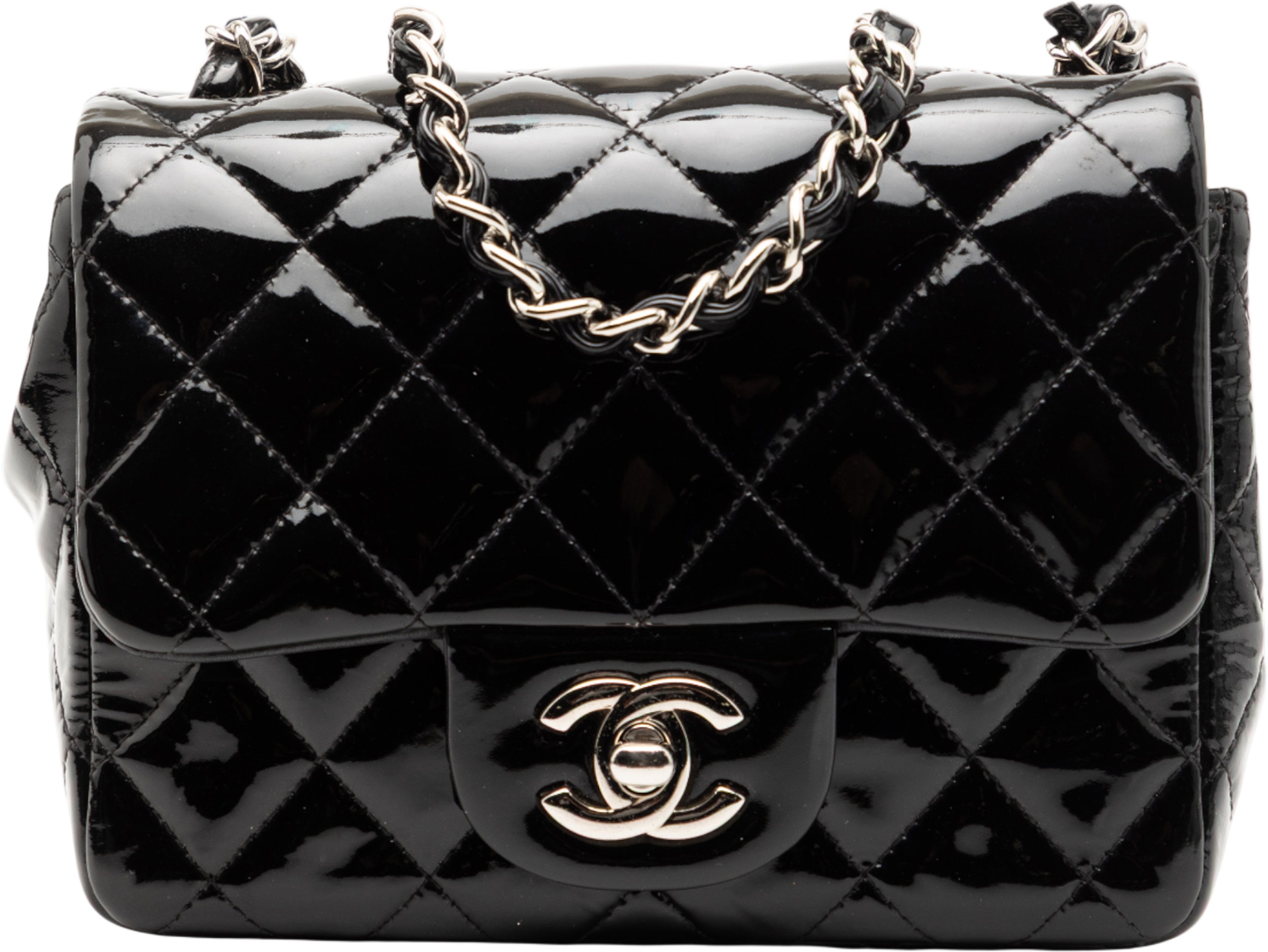 Chanel Mini Square Classic Patent Single Flap, från Luxclusif, i färgen black. Klicka för att öppna bilden i stort format