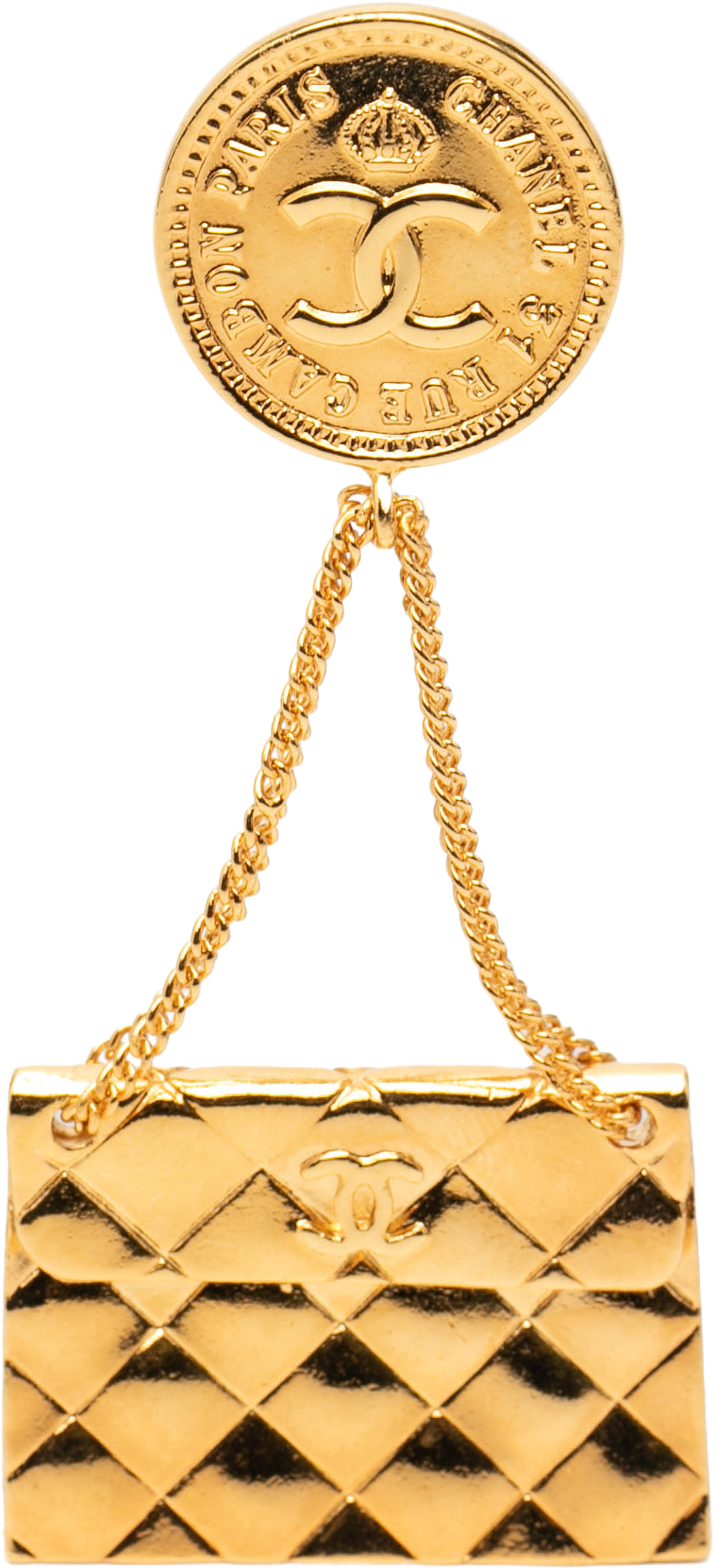 Chanel Cc Gold Plated Quilted Flap Bag Medallion Brooch, från Luxclusif, i färgen gold. Klicka för att öppna bilden i stort format