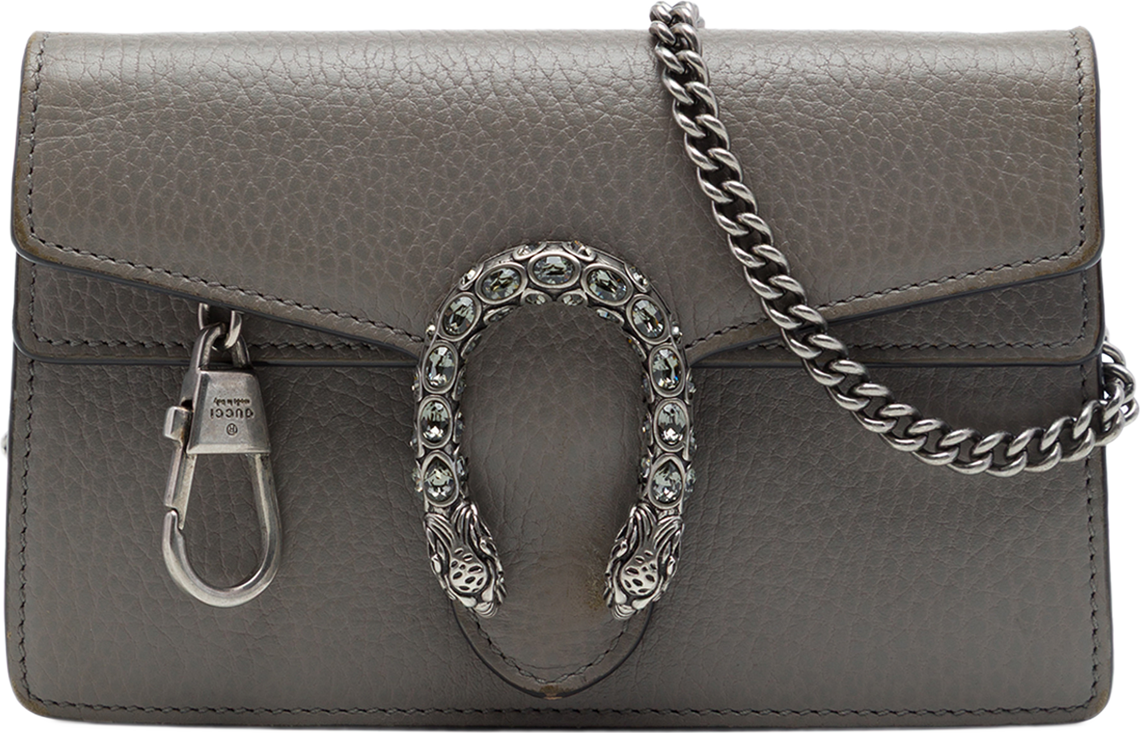 Gucci Mini Calfskin Dionysus Crossbody, från Luxclusif, i färgen grå. Klicka för att öppna bilden i stort format