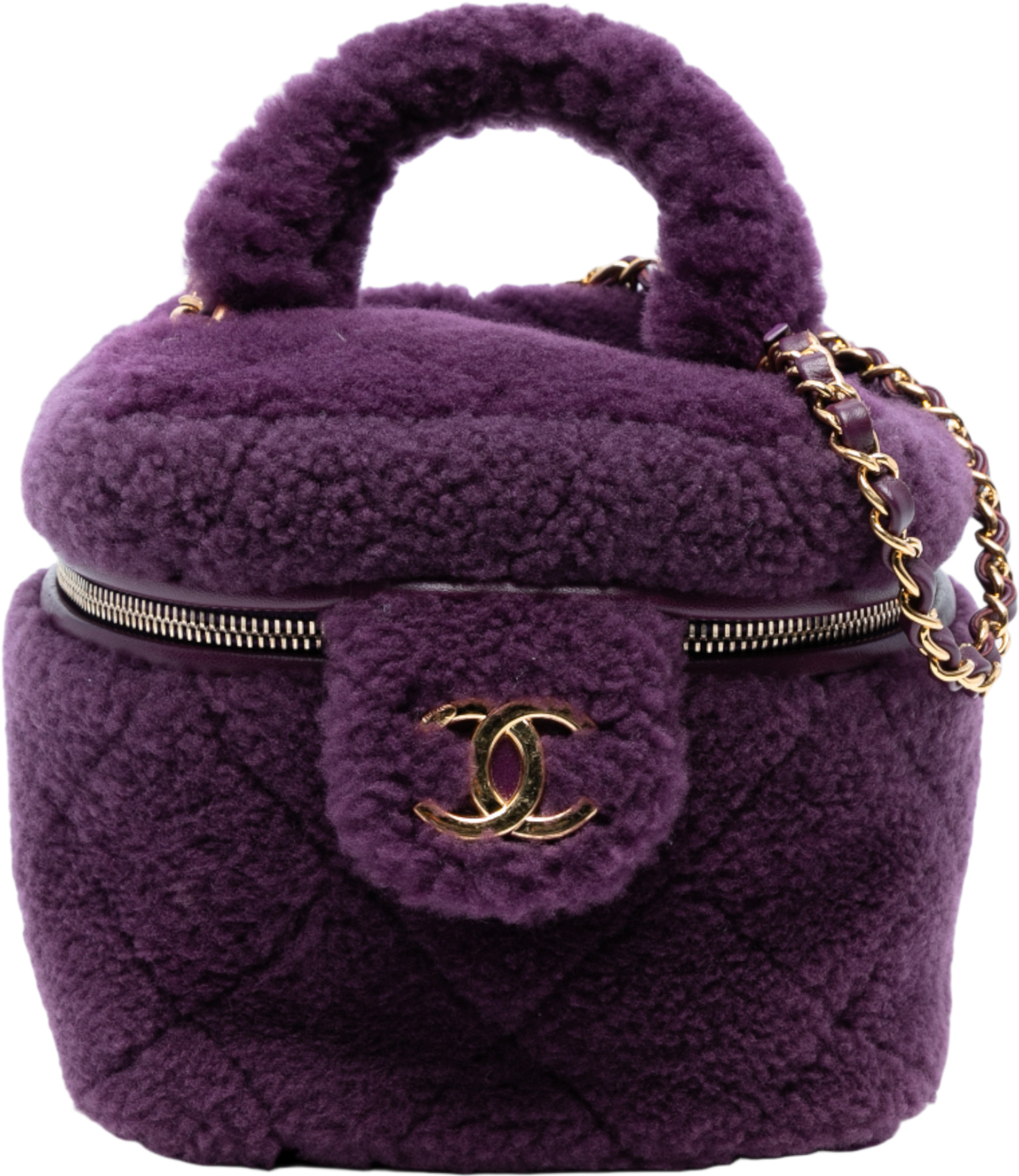 Chanel Small Quilted Shearling Vanity Case, från Luxclusif, i färgen violet. Klicka för att öppna bilden i stort format