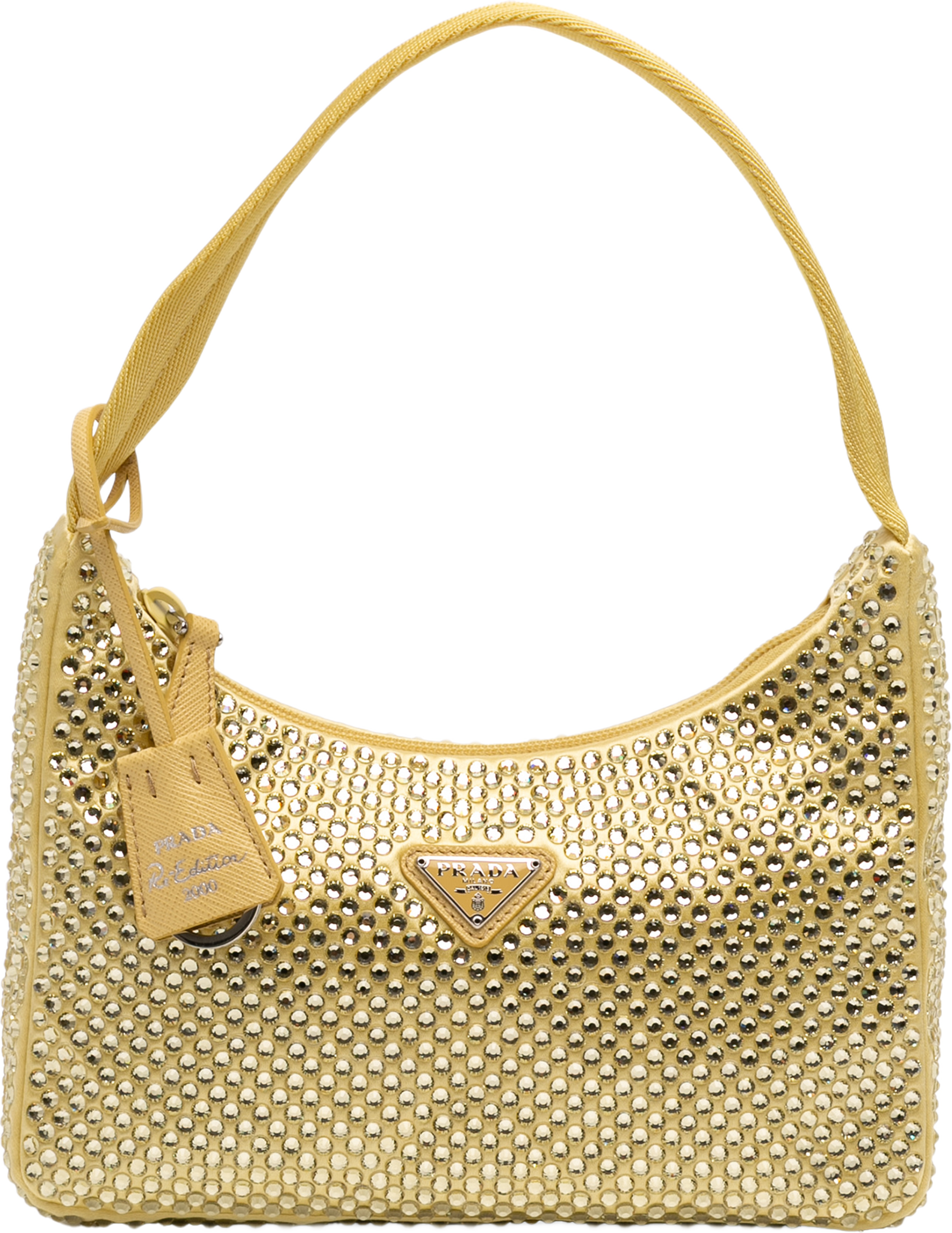 Prada Mini Satin Crystal Re Edition 2000 Shoulder Bag, från Luxclusif, i färgen yellow. Klicka för att öppna bilden i stort format